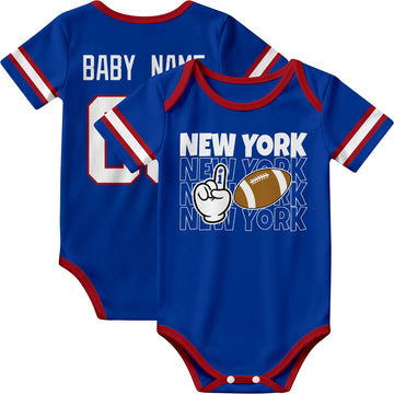 New York Blue personalized football baby bodysuit in Royal showing front number one fan design and back custom baby name and number