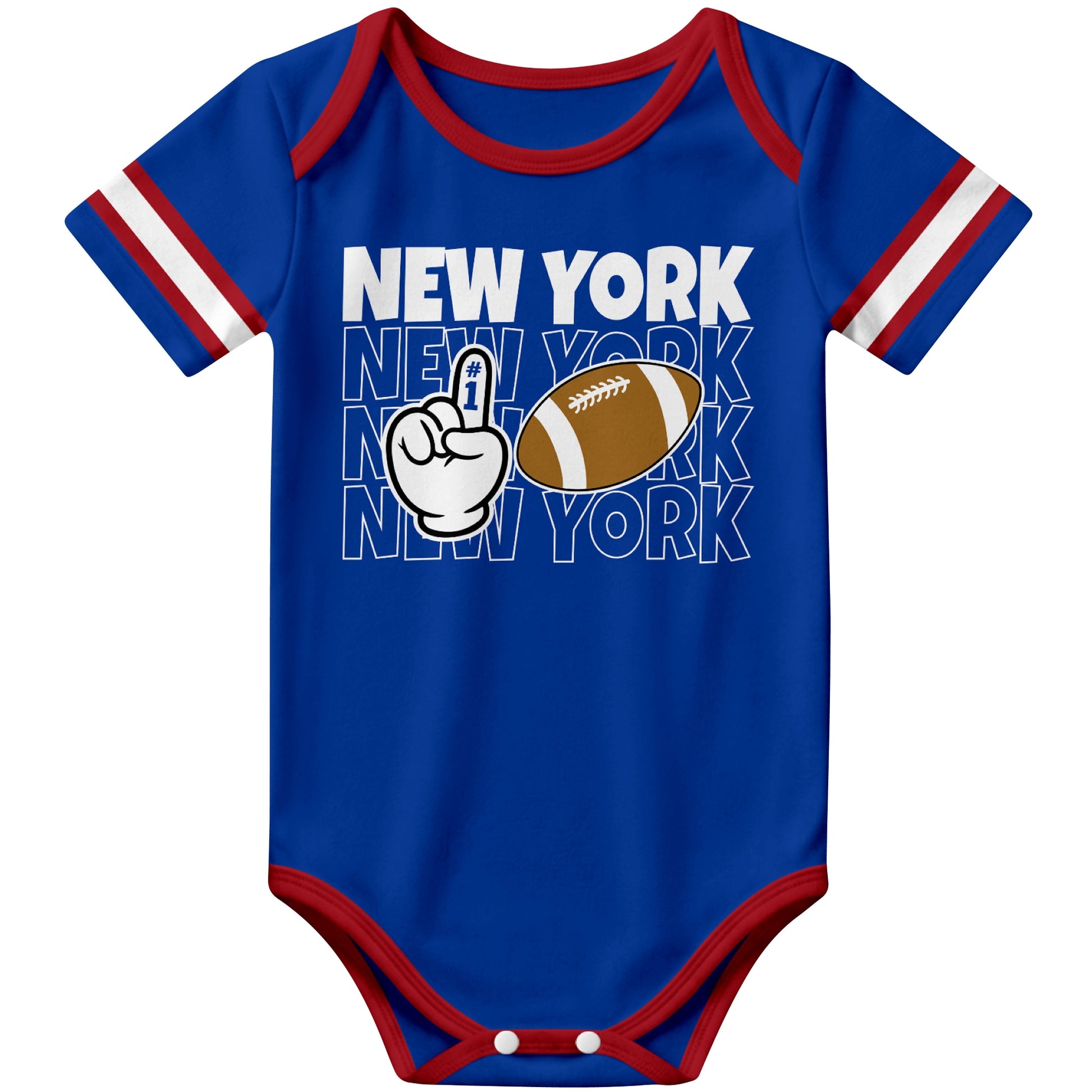 New York Blue Royal football baby bodysuit front view with city lettering football and number one fan hand graphic