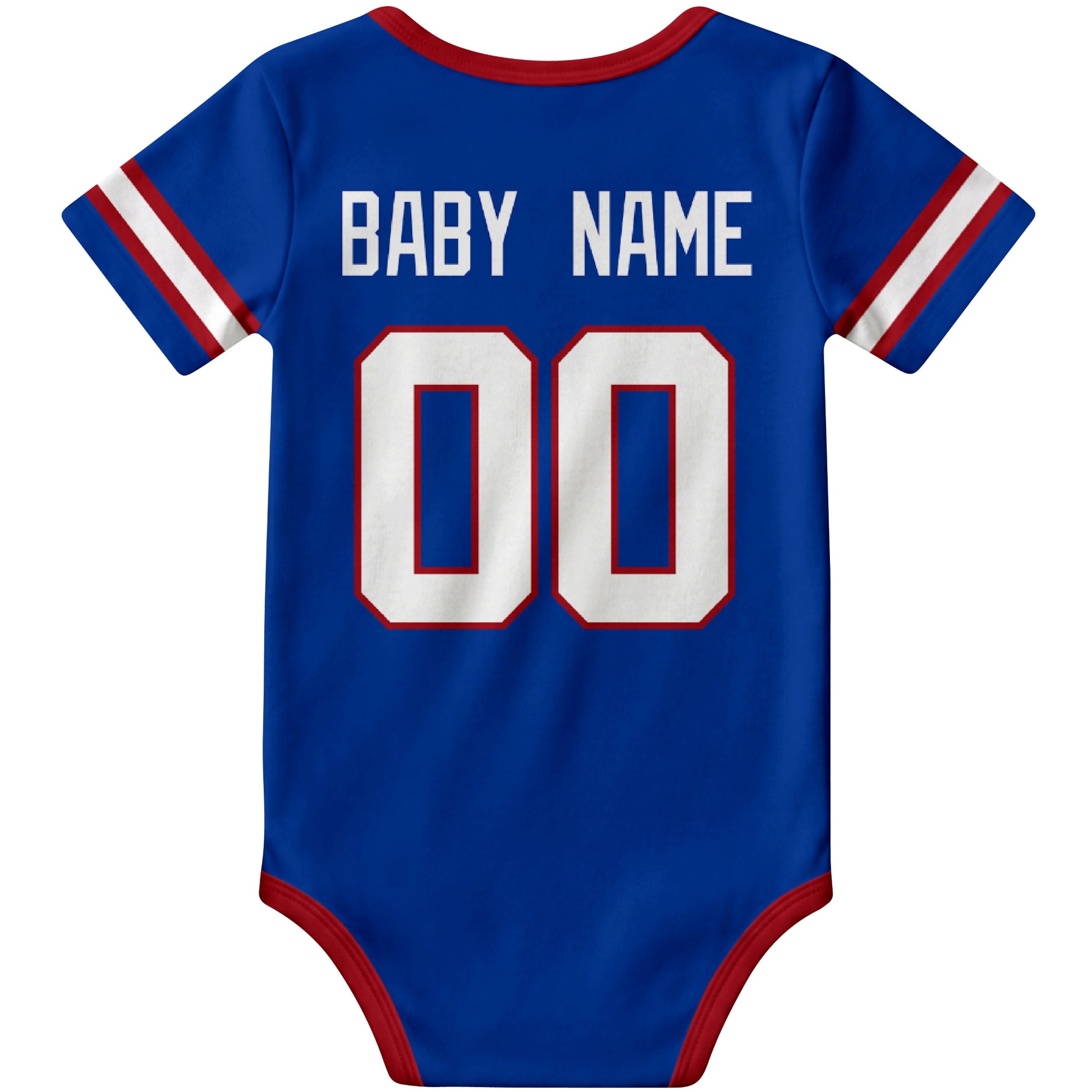 New York Blue Royal personalized football baby bodysuit back view with custom baby name and jersey number