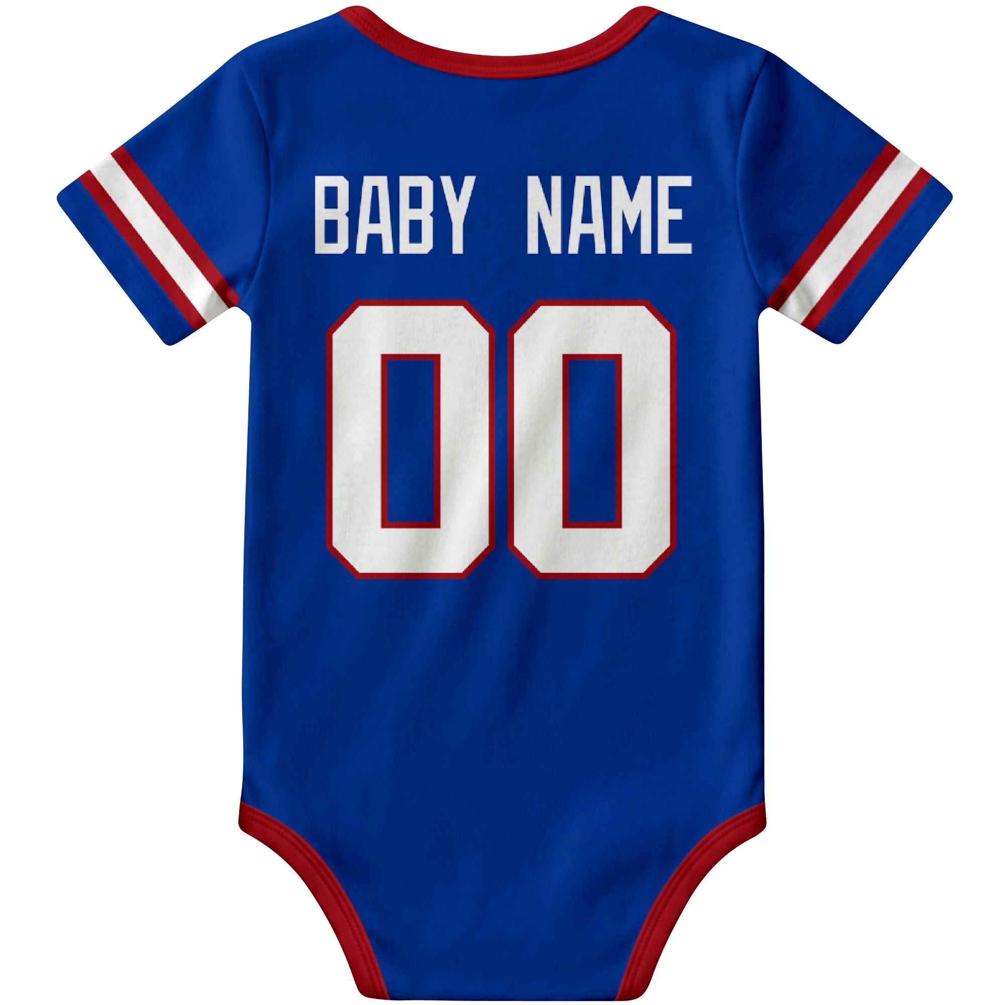New York Blue Royal personalized football baby bodysuit back view with custom baby name and jersey number