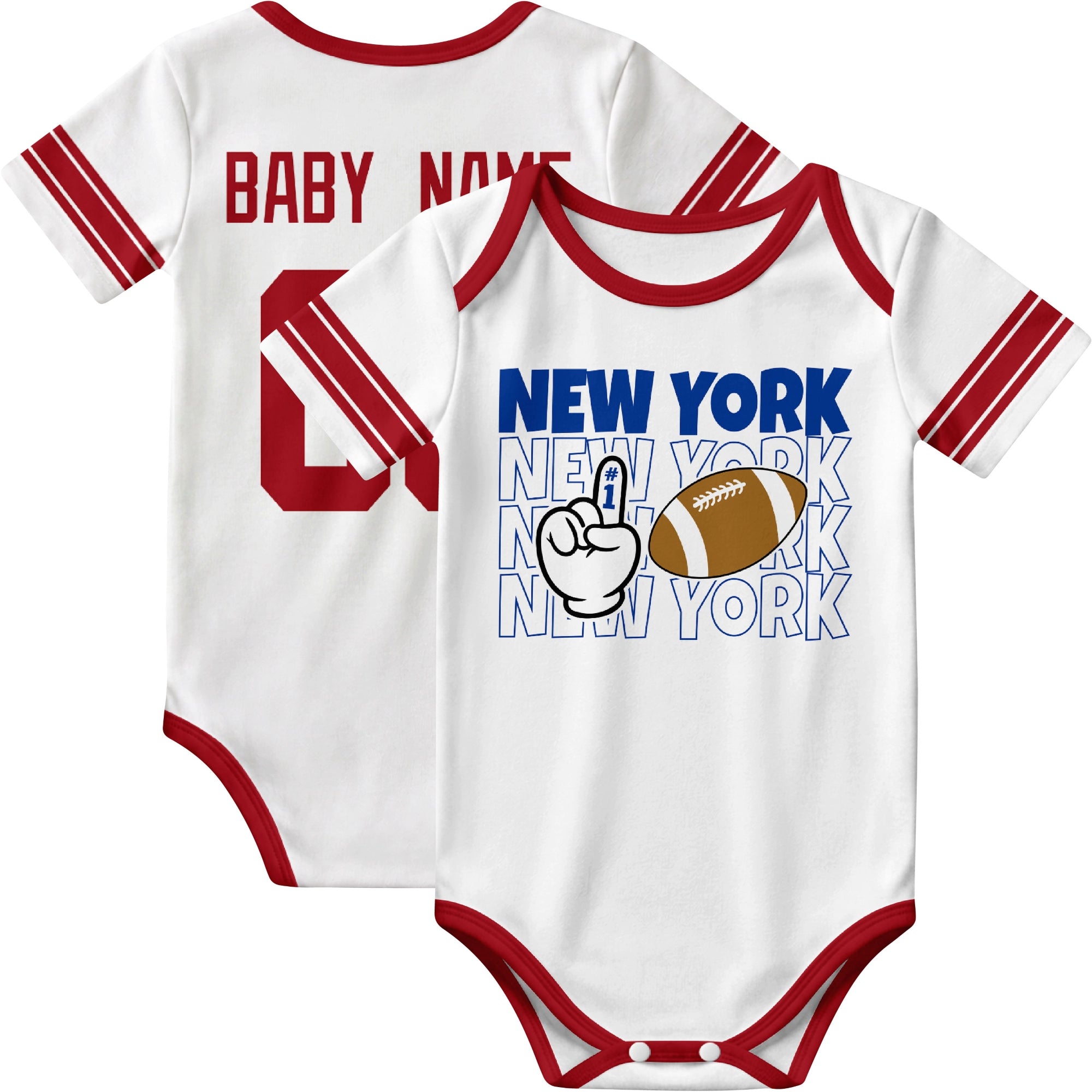 New York Blue personalized football baby bodysuit in White showing front number one fan design and back custom baby name and number