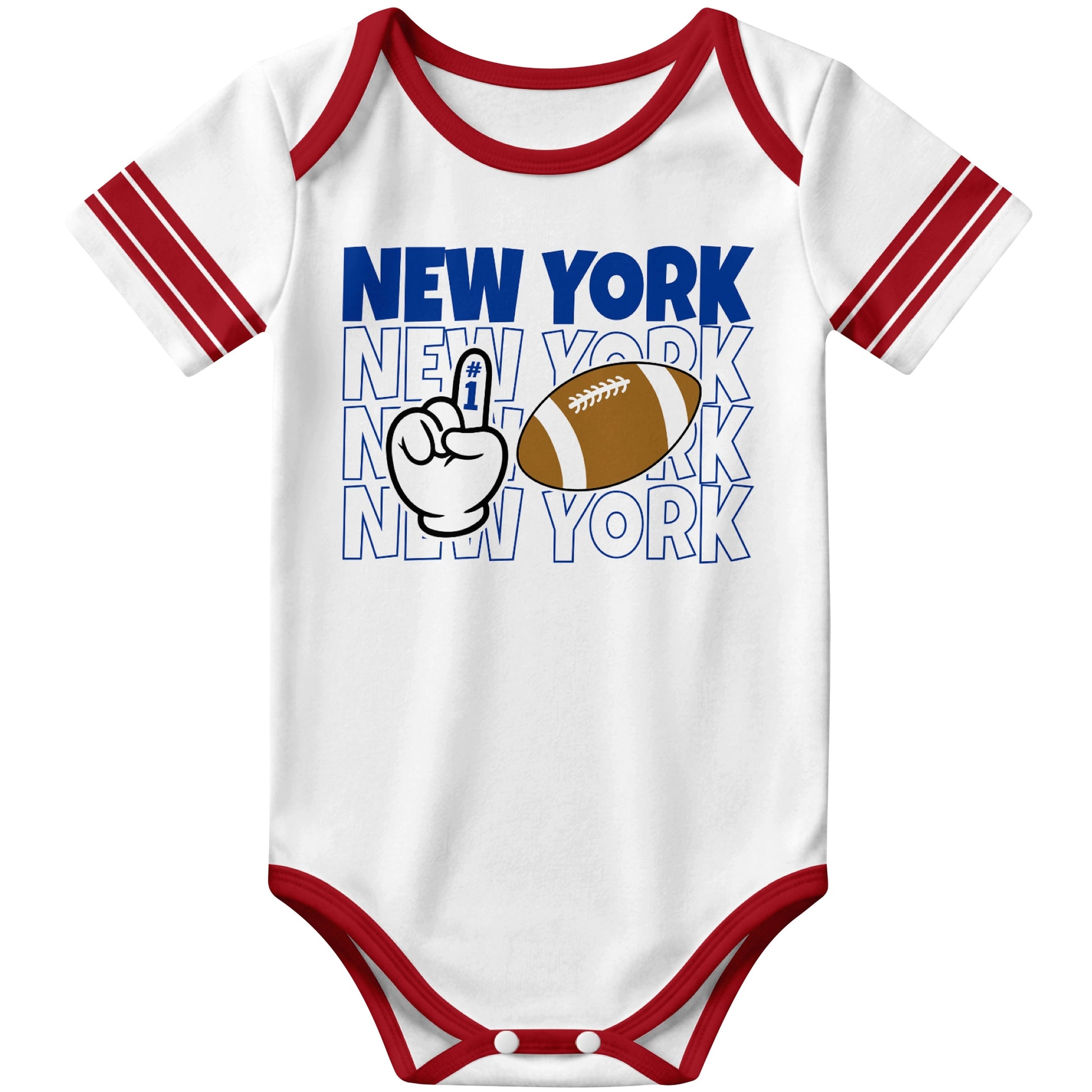 New York Blue White football baby bodysuit front view with city lettering football and number one fan hand graphic