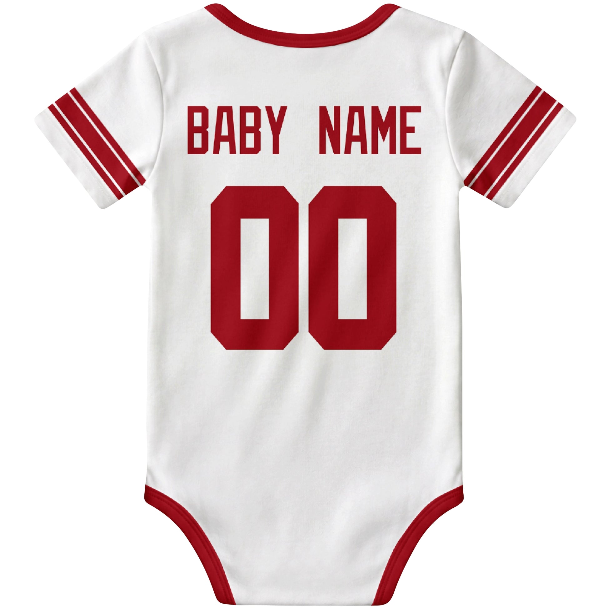 New York Blue White personalized football baby bodysuit back view with custom baby name and jersey number