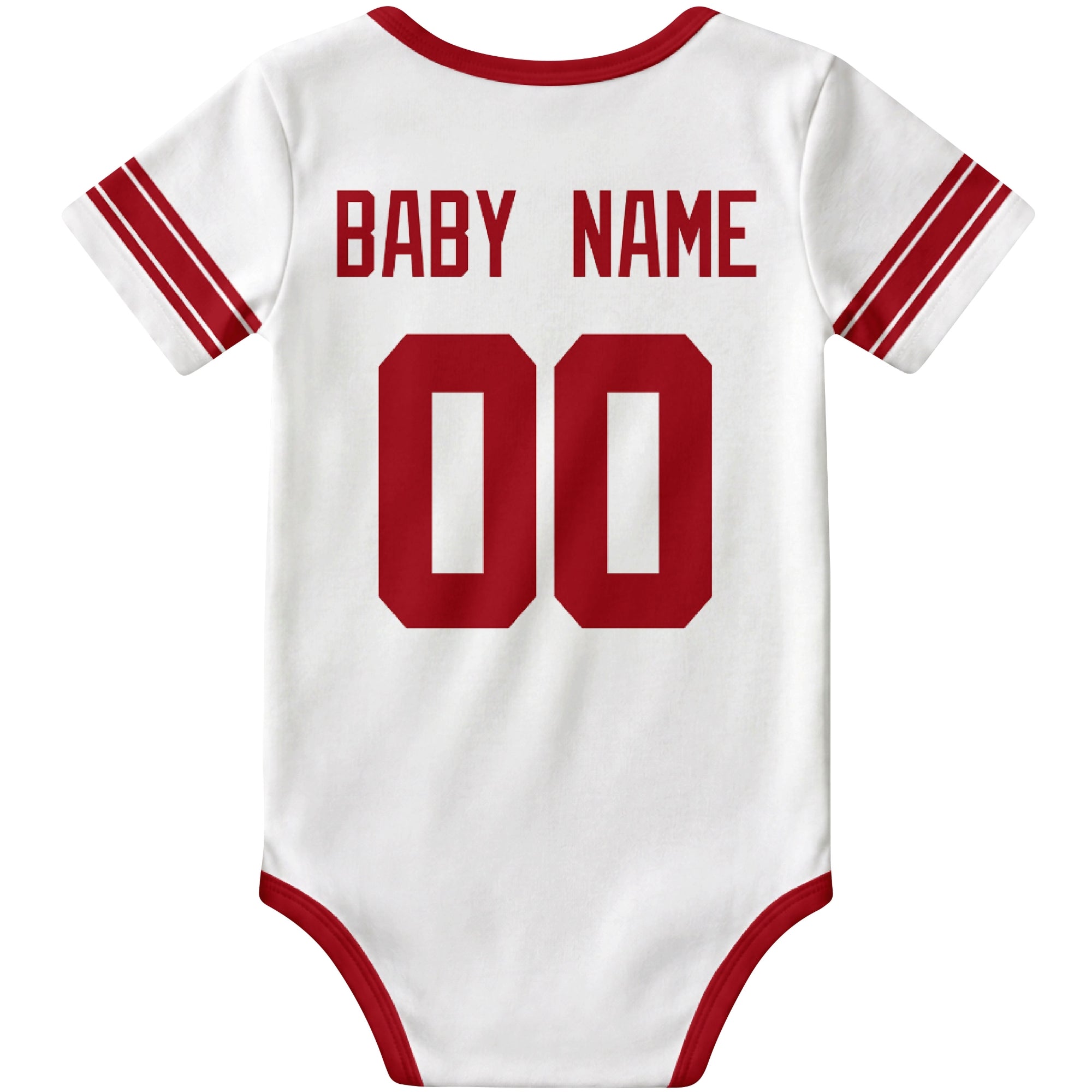 New York Blue White personalized football baby bodysuit back view with custom baby name and jersey number