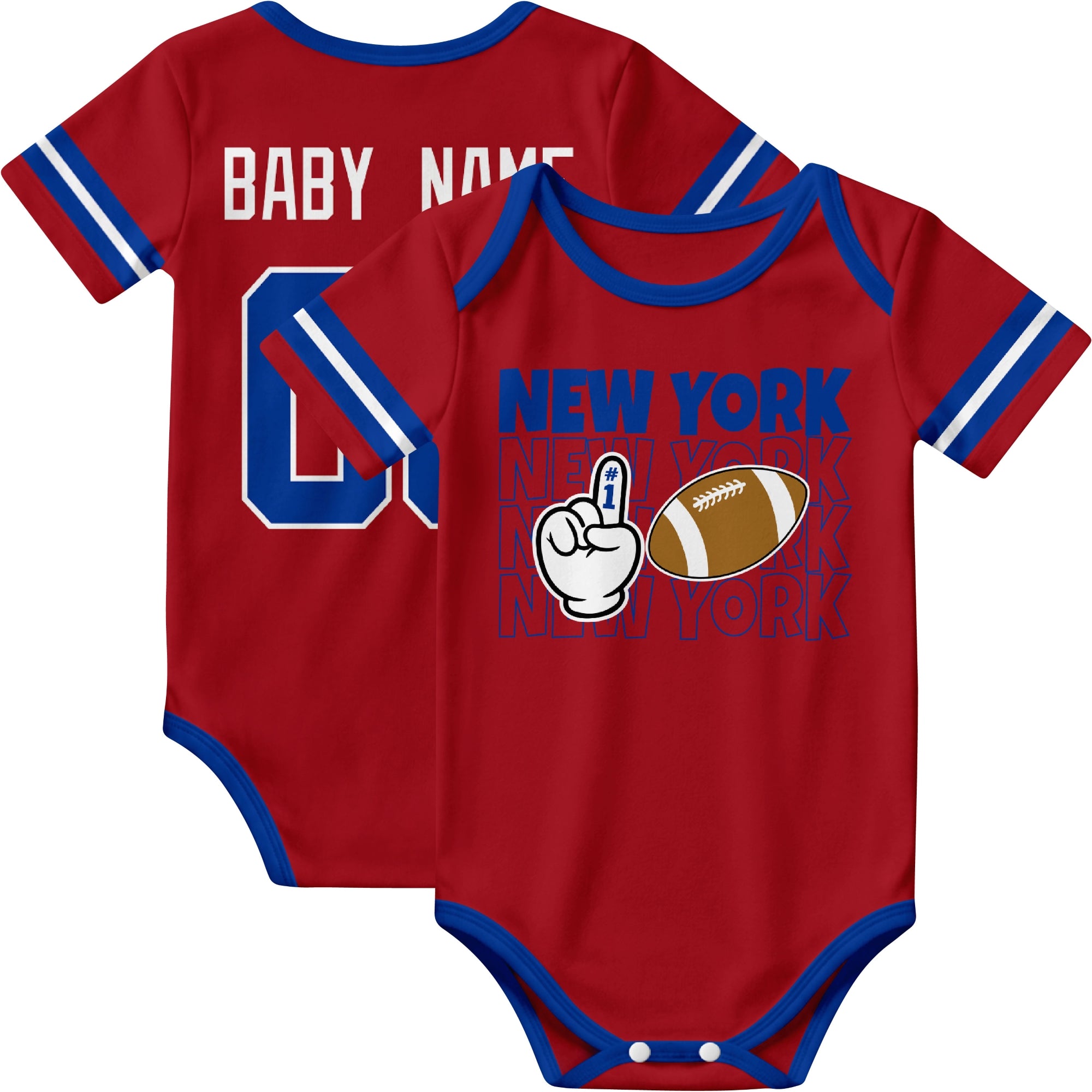 New York Blue personalized football baby bodysuit in Red showing front number one fan design and back custom baby name and number