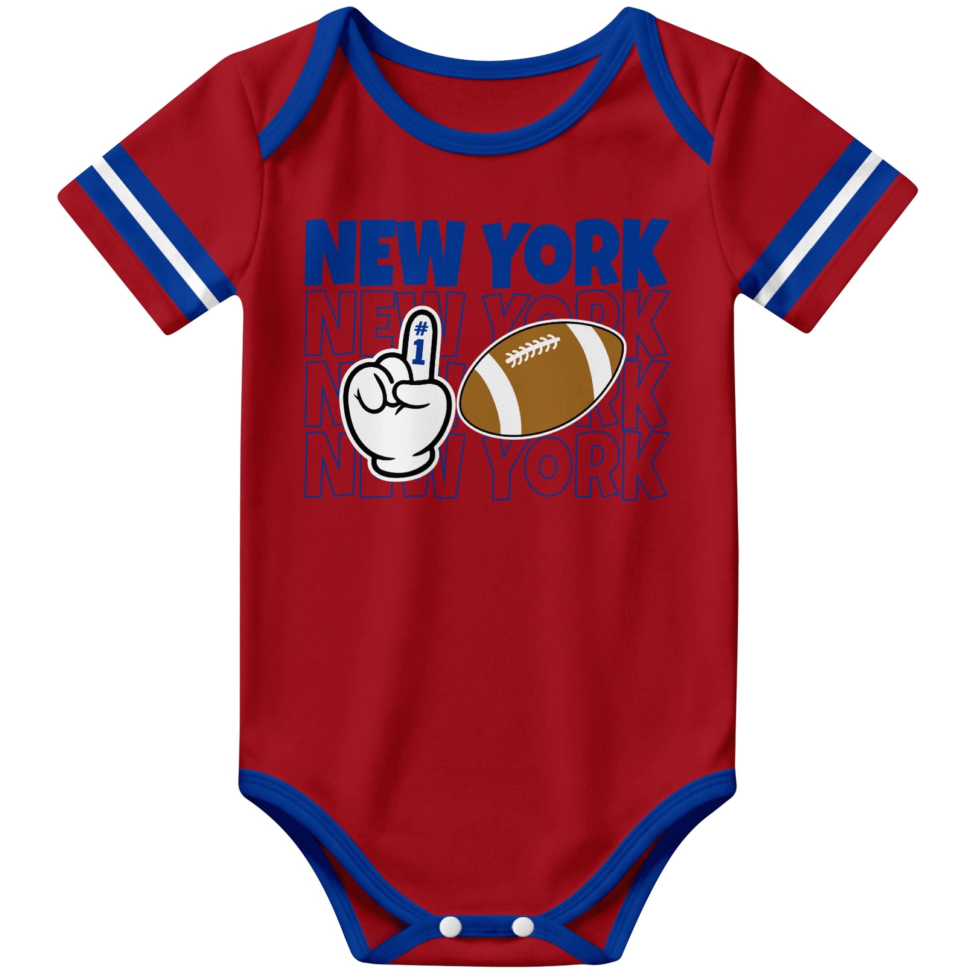 New York Blue Red football baby bodysuit front view with city lettering football and number one fan hand graphic