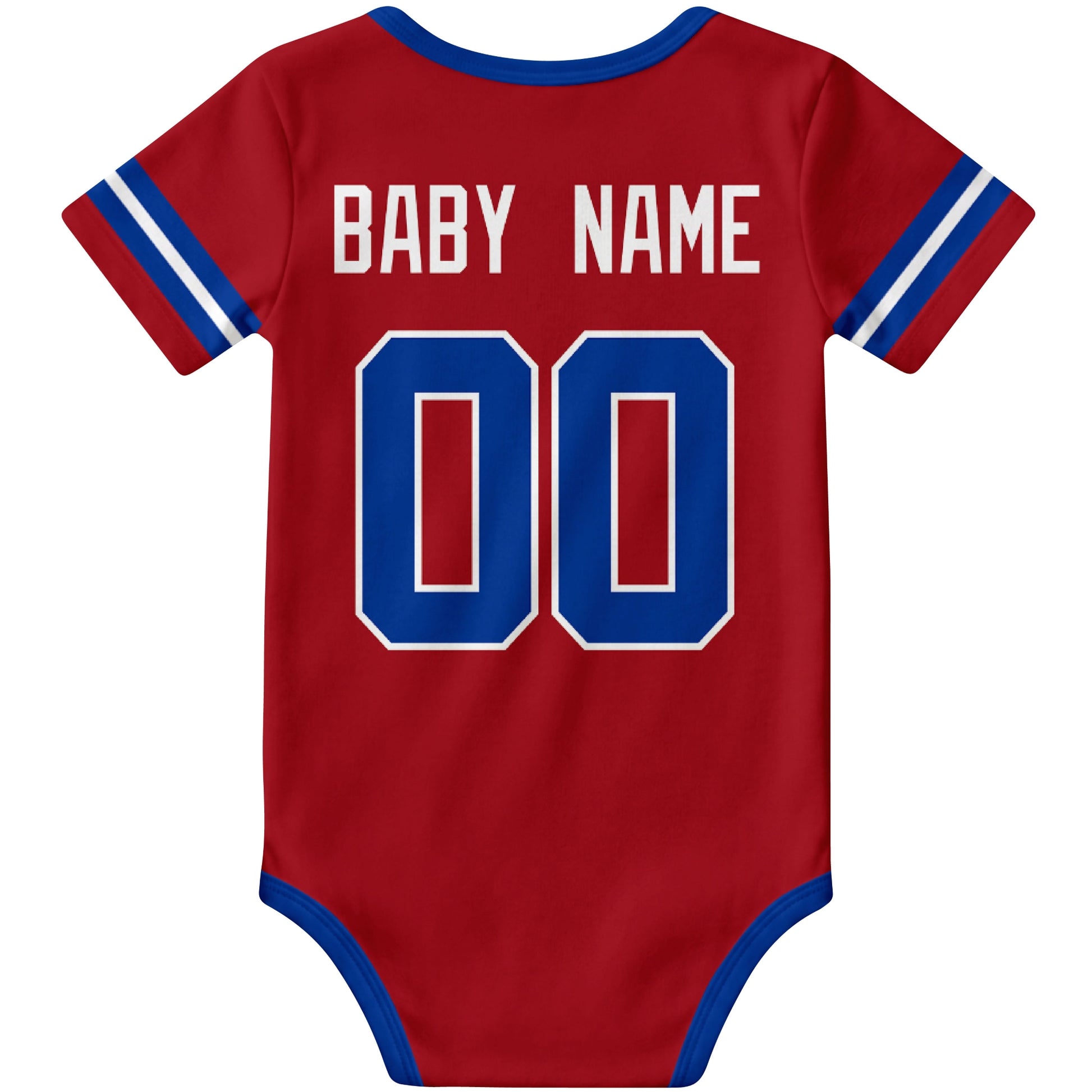 New York Blue Red personalized football baby bodysuit back view with custom baby name and jersey number