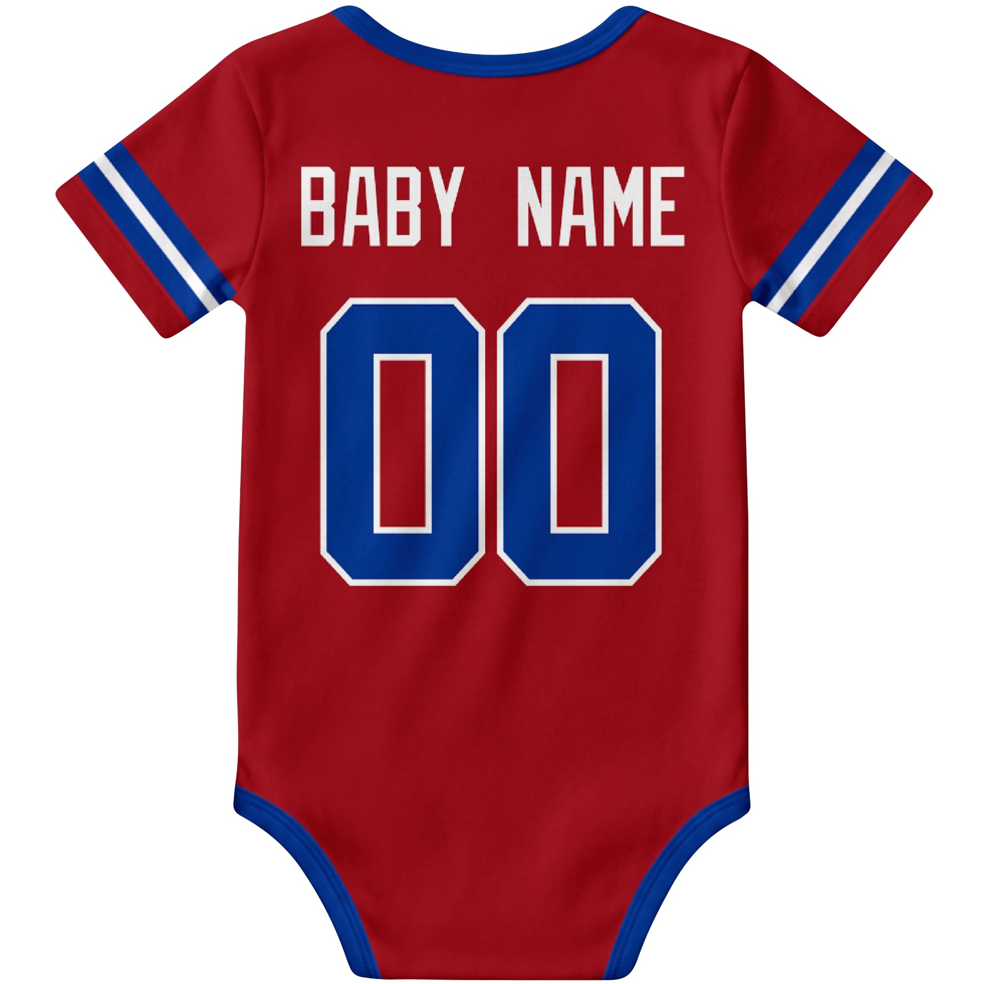 New York Blue Red personalized football baby bodysuit back view with custom baby name and jersey number