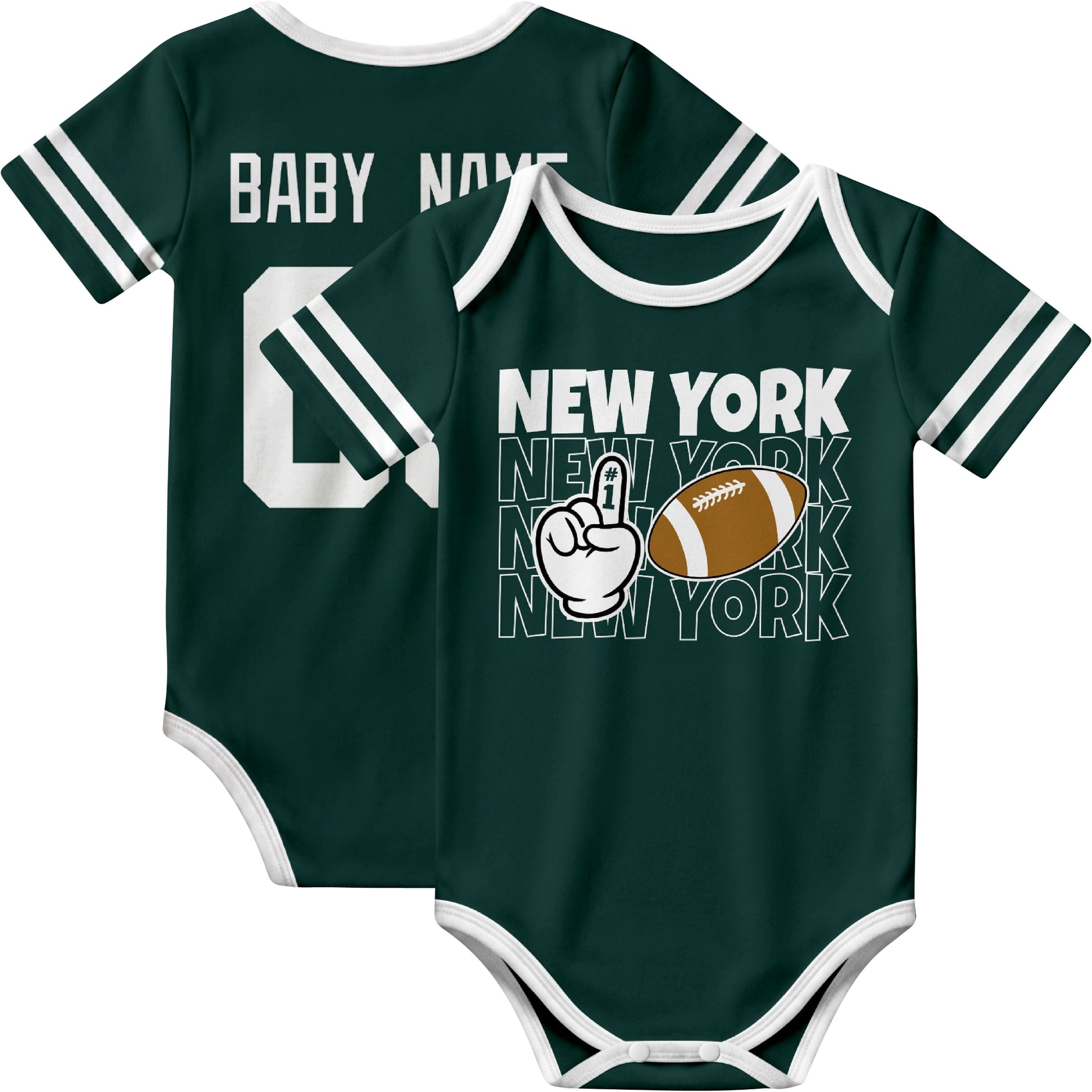 New York Green personalized football baby bodysuit in Green showing front number one fan design and back custom baby name and number