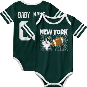 New York Green personalized football baby bodysuit in Green showing front number one fan design and back custom baby name and number