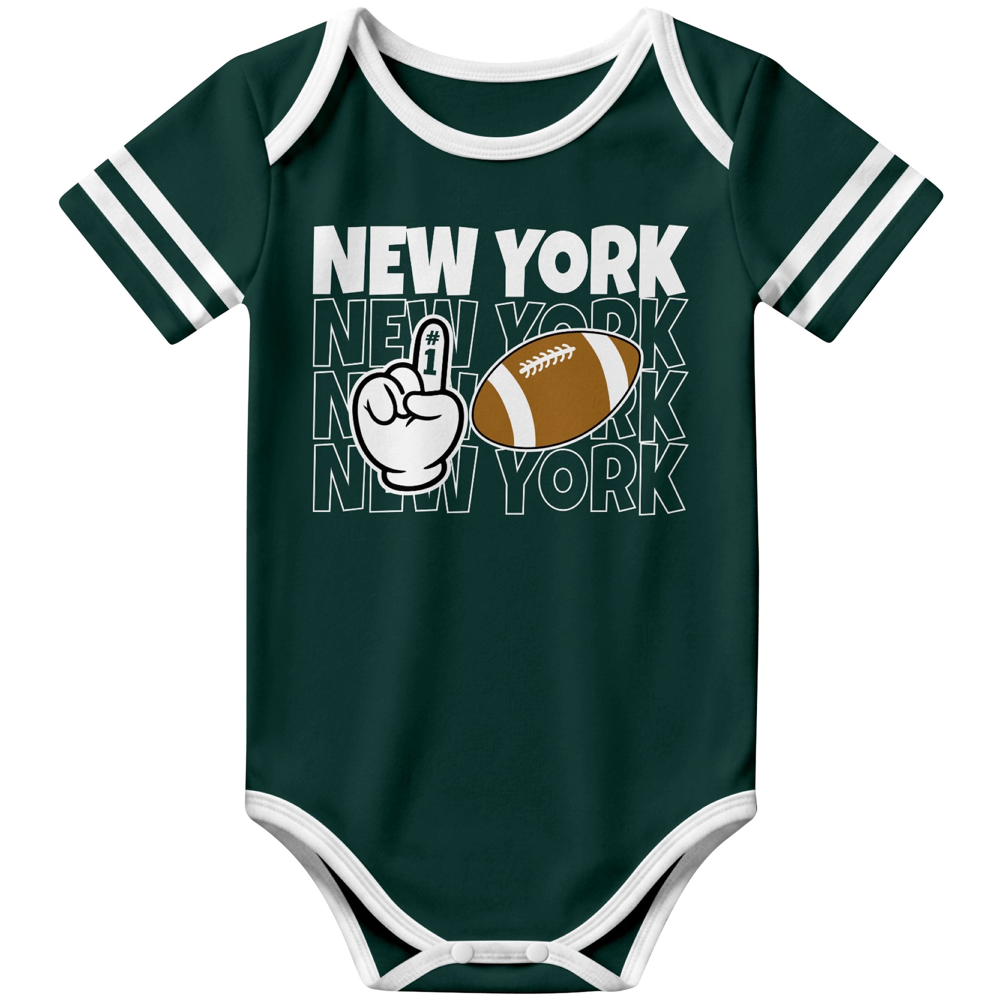 New York Green Green football baby bodysuit front view with city lettering football and number one fan hand graphic