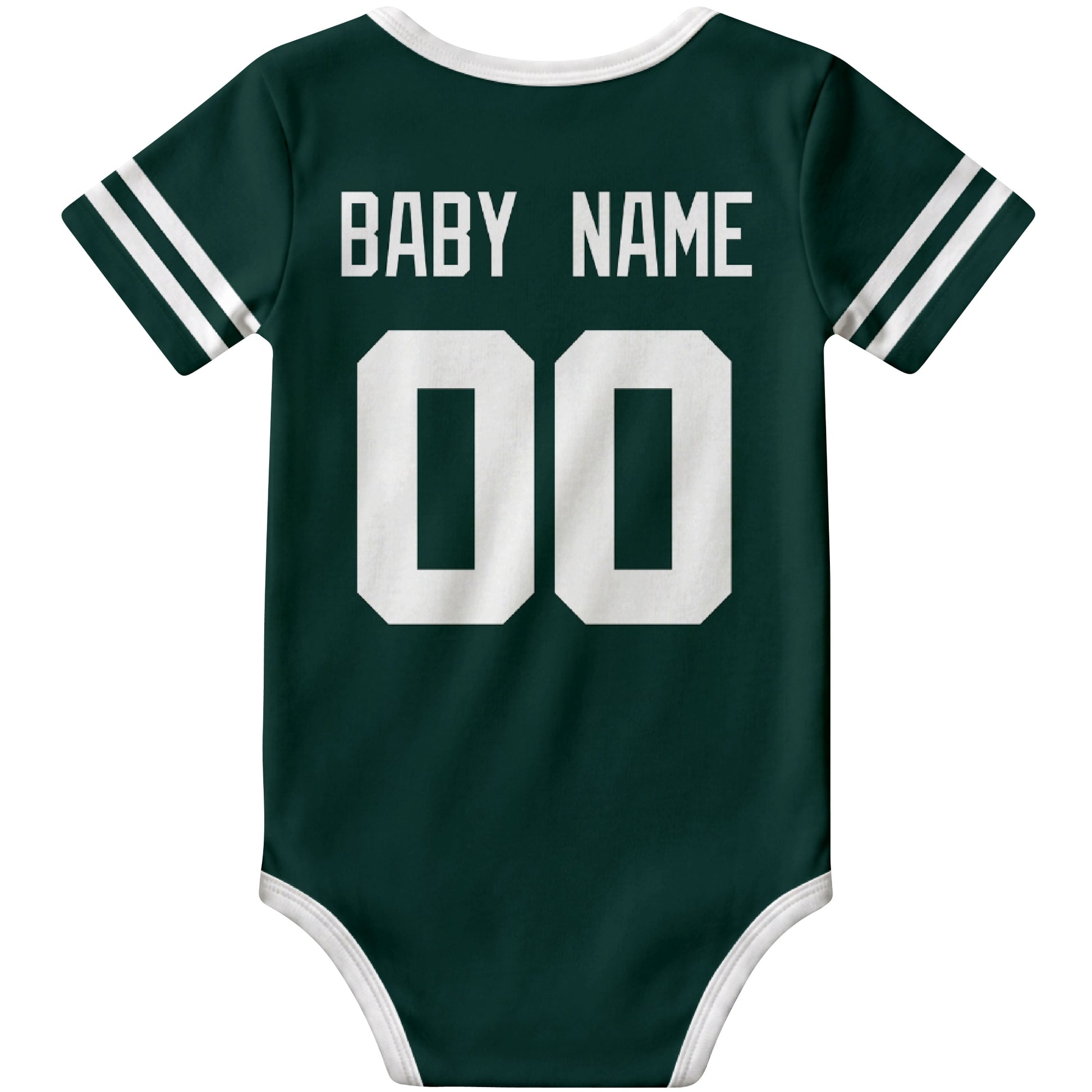 New York Green Green personalized football baby bodysuit back view with custom baby name and jersey number