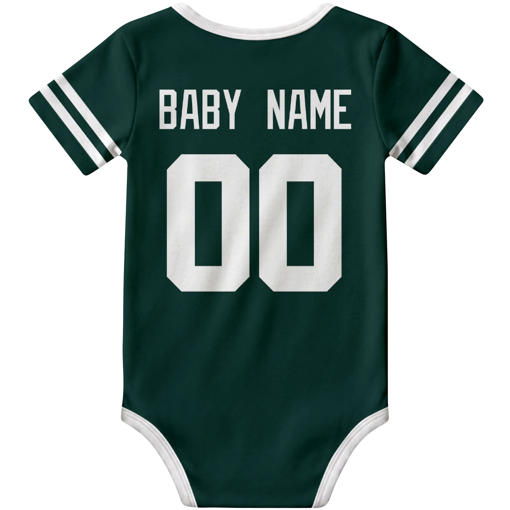 New York Green Green personalized football baby bodysuit back view with custom baby name and jersey number
