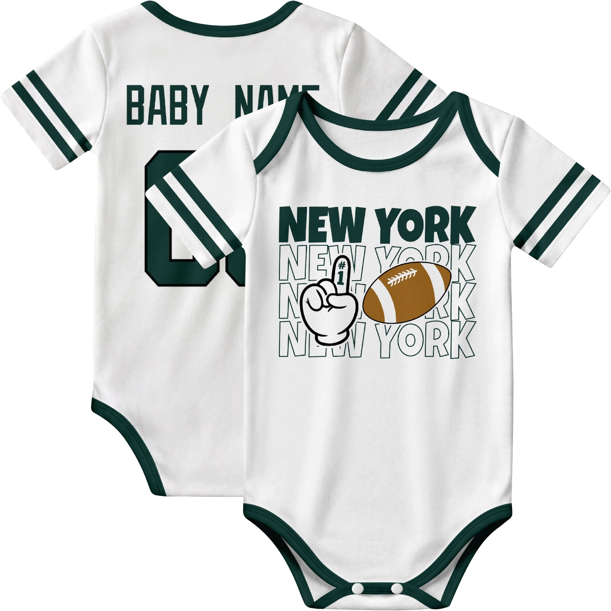 New York Green personalized football baby bodysuit in White showing front number one fan design and back custom baby name and number