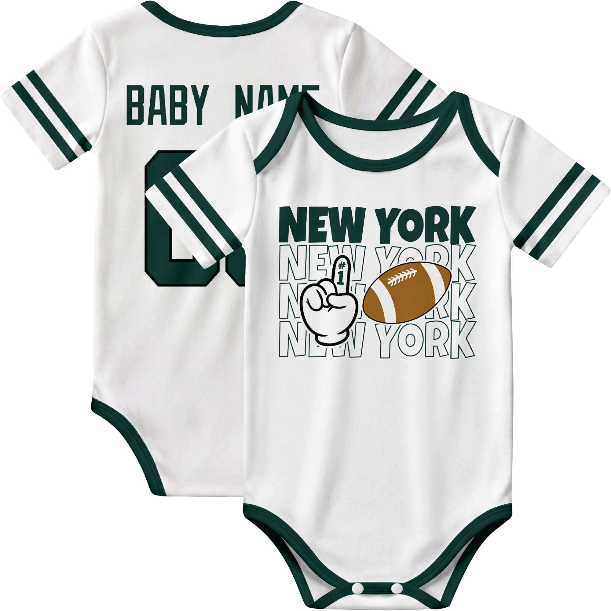 New York Green personalized football baby bodysuit in White showing front number one fan design and back custom baby name and number