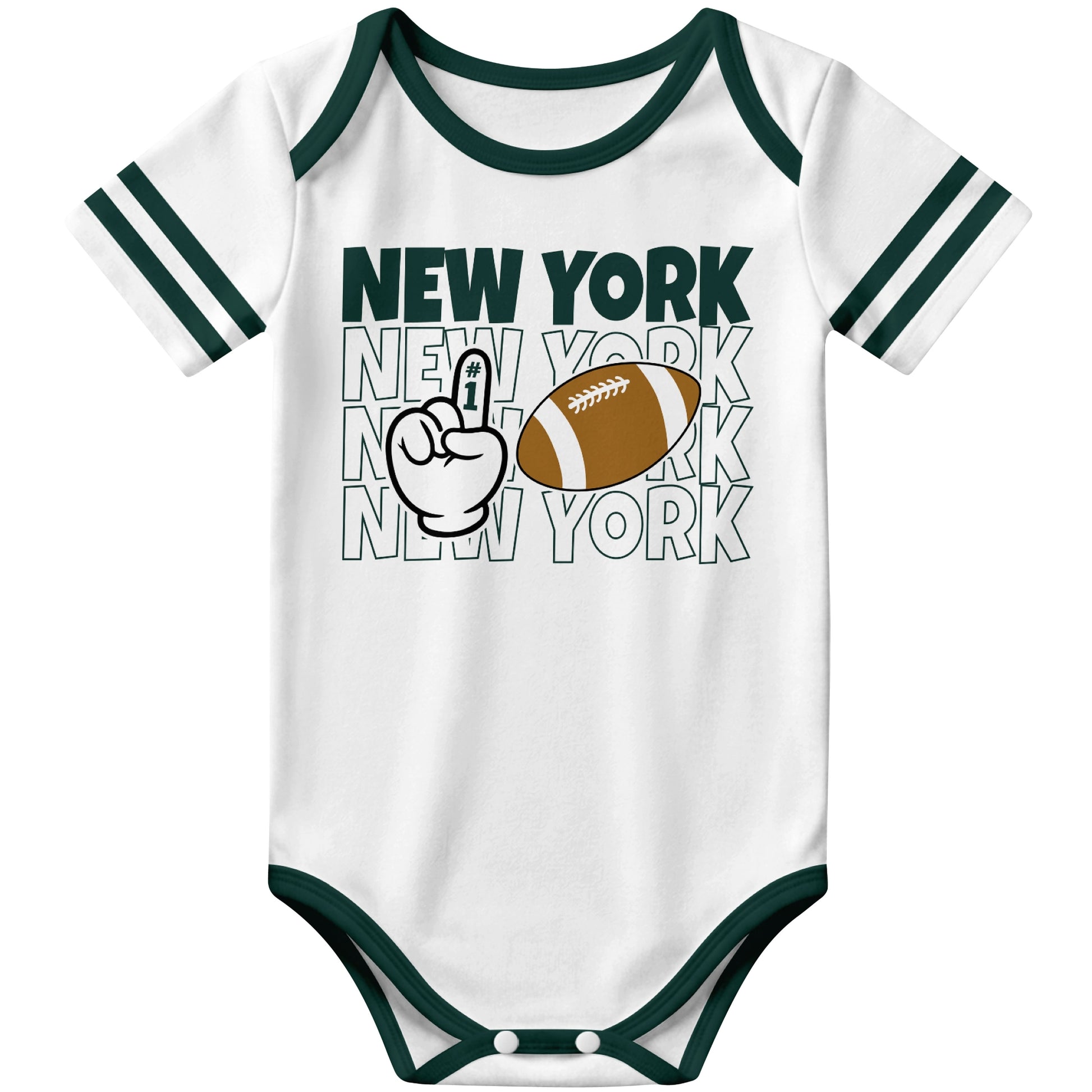 New York Green White football baby bodysuit front view with city lettering football and number one fan hand graphic