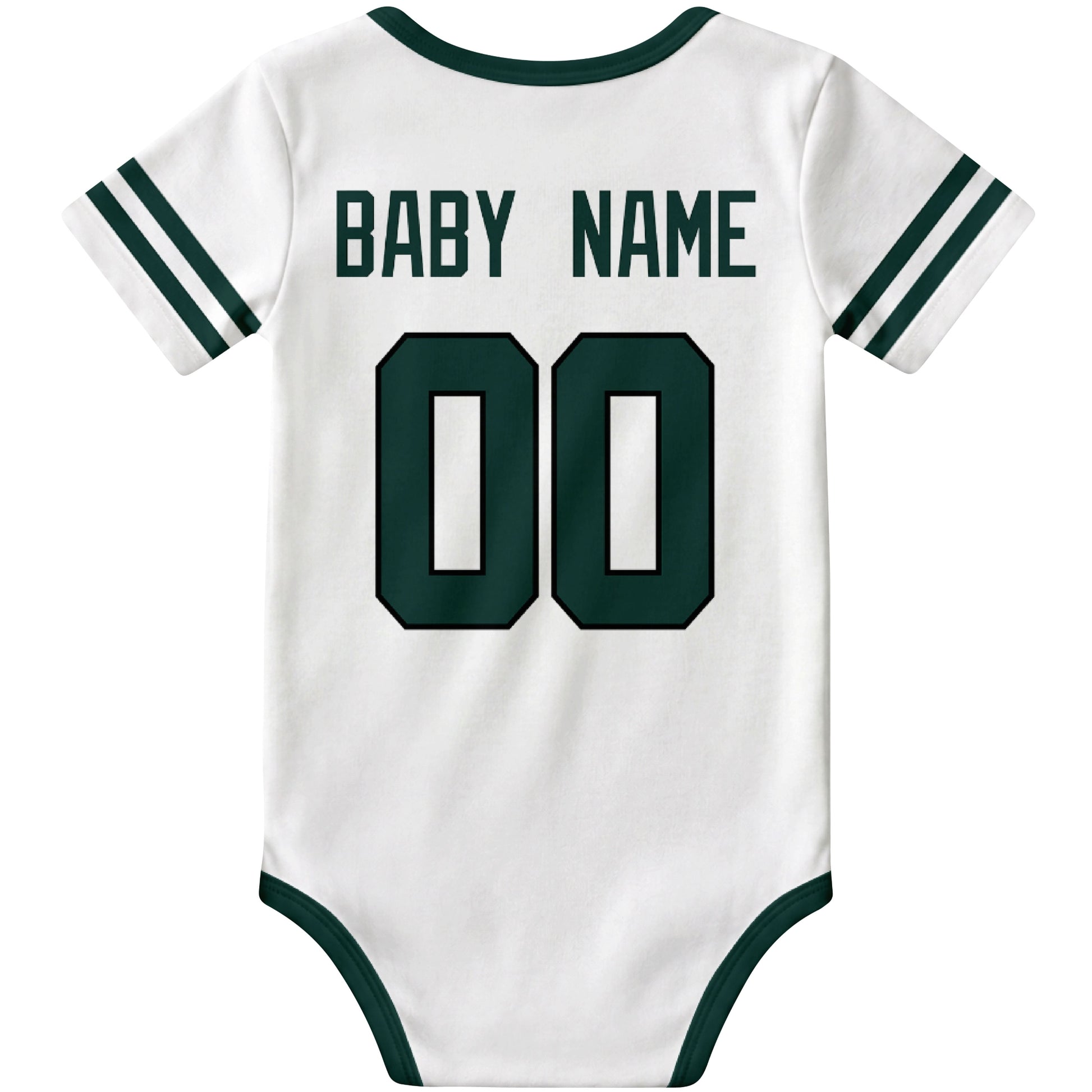 New York Green White personalized football baby bodysuit back view with custom baby name and jersey number
