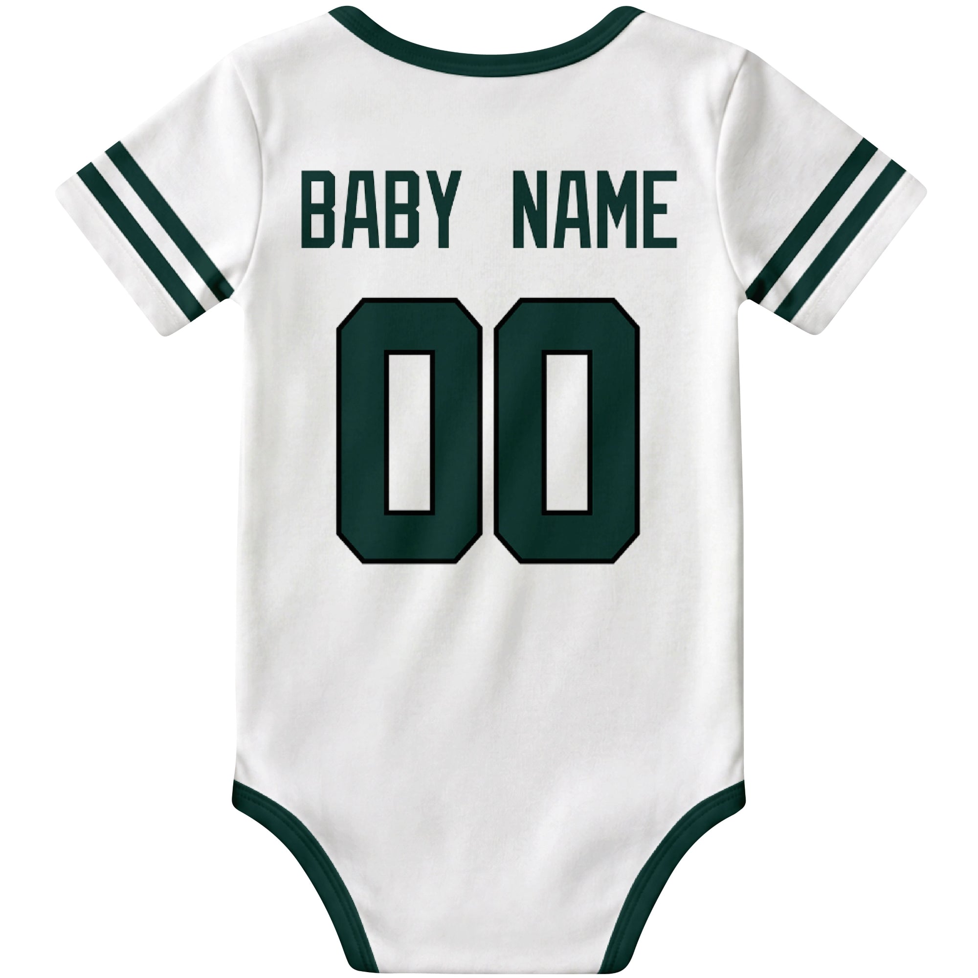 New York Green White personalized football baby bodysuit back view with custom baby name and jersey number