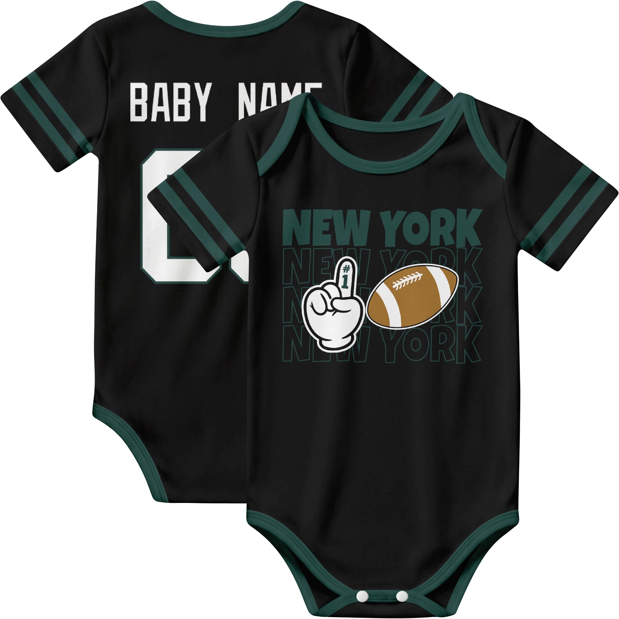 New York Green personalized football baby bodysuit in Black showing front number one fan design and back custom baby name and number
