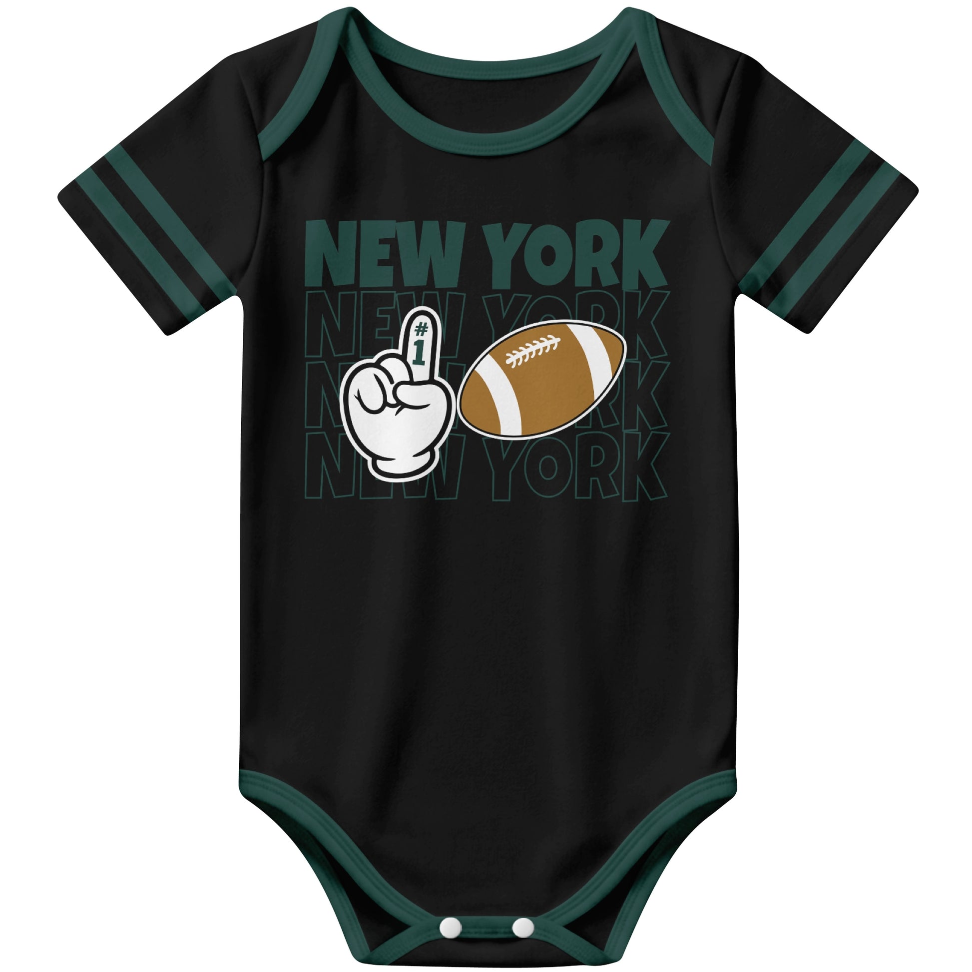New York Green Black football baby bodysuit front view with city lettering football and number one fan hand graphic