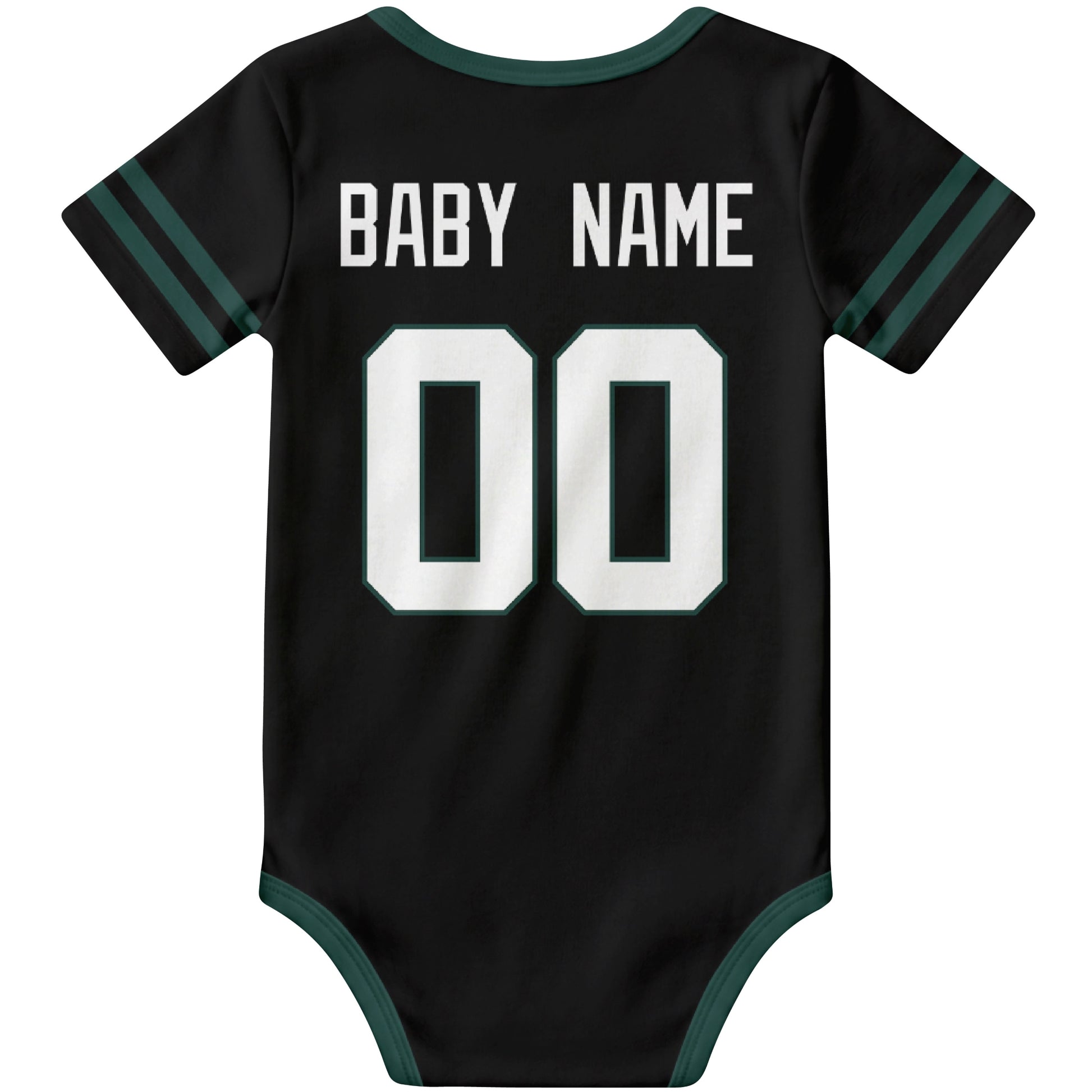 New York Green Black personalized football baby bodysuit back view with custom baby name and jersey number