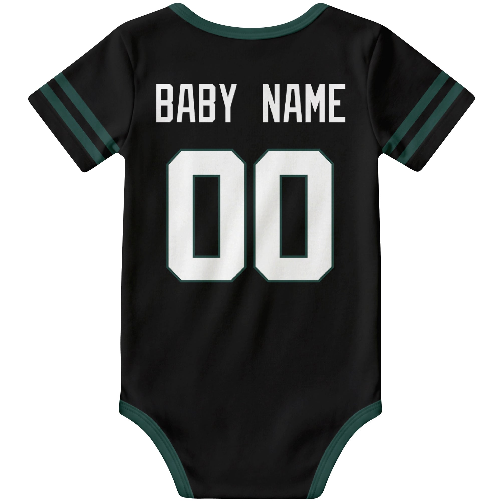 New York Green Black personalized football baby bodysuit back view with custom baby name and jersey number