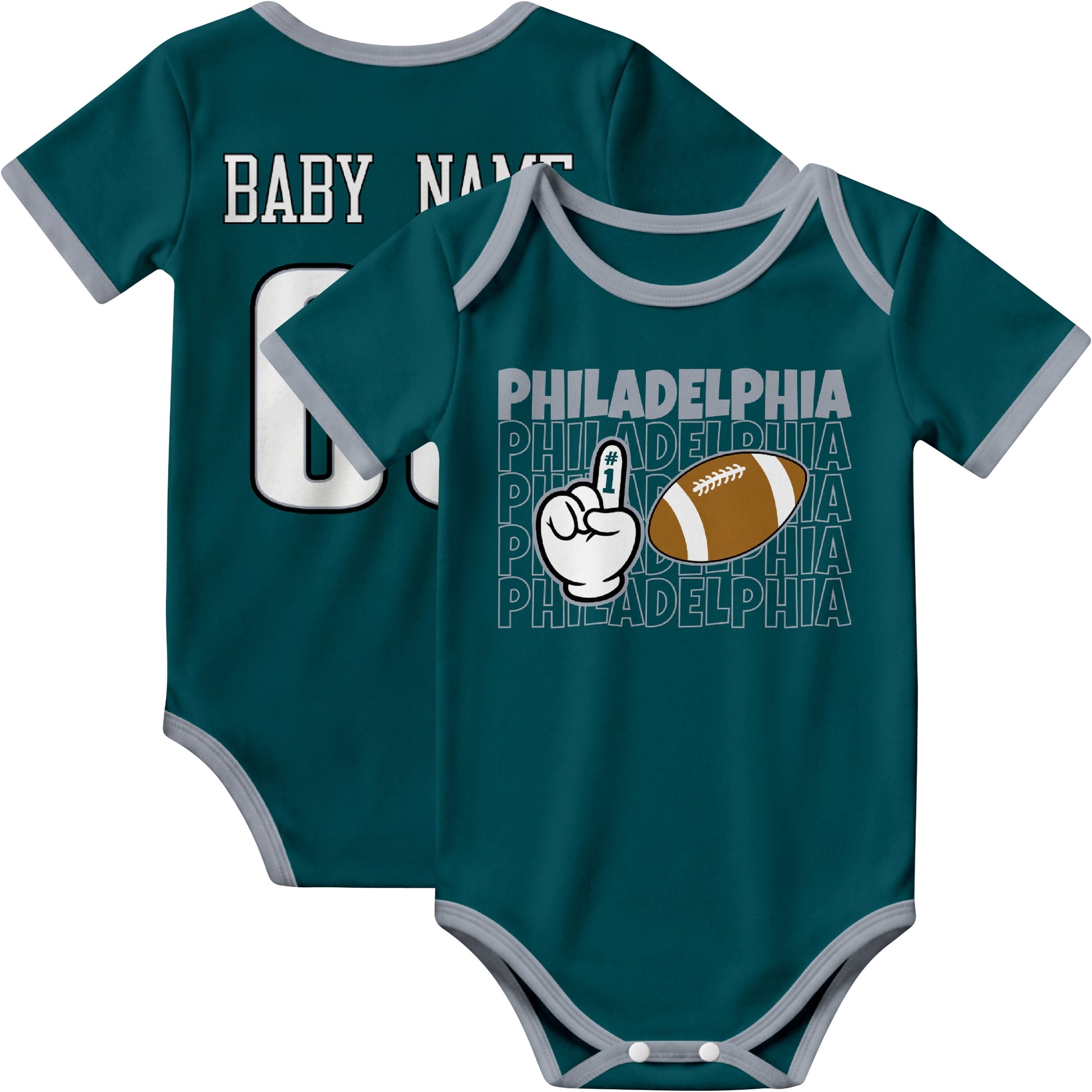 Philadelphia personalized football baby bodysuit in Midnight Green showing front number one fan design and back custom baby name and number