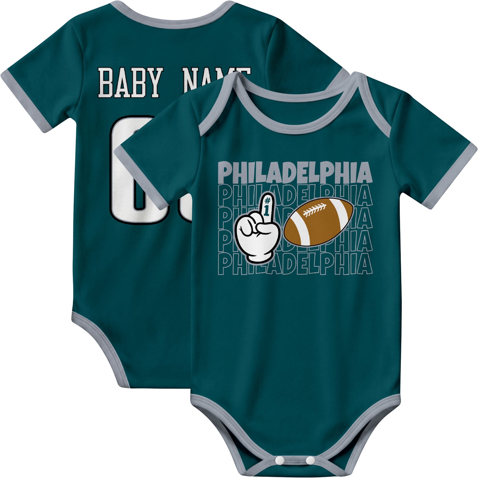 Philadelphia personalized football baby bodysuit in Midnight Green showing front number one fan design and back custom baby name and number