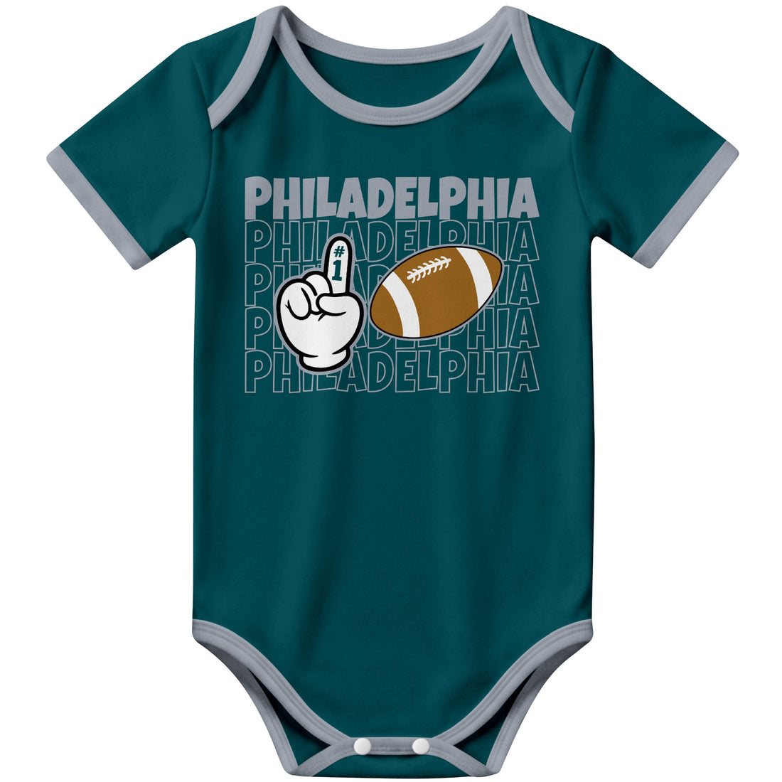 Philadelphia personalized football baby bodysuit in Midnight Green showing front number one fan design and back custom baby name and number