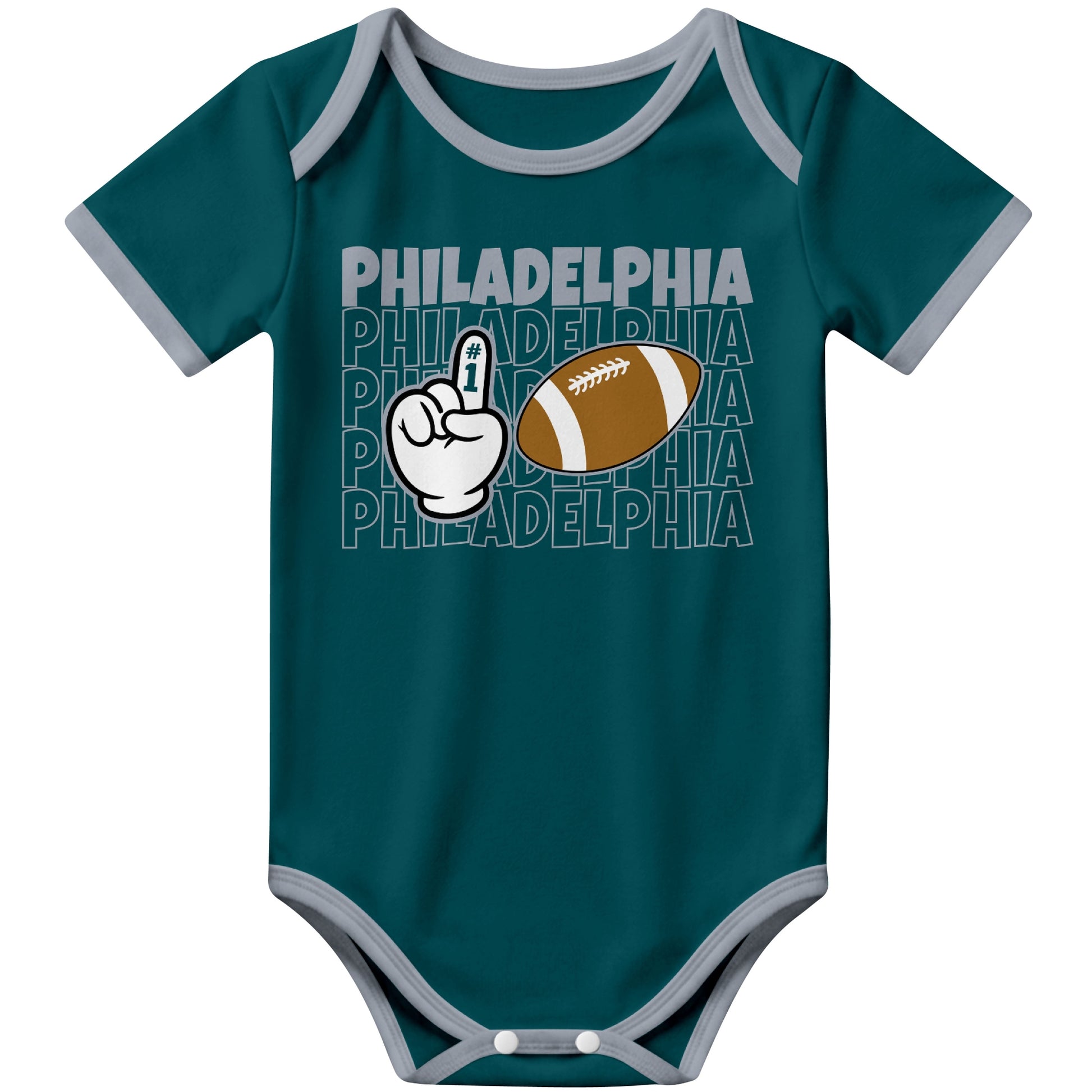 Philadelphia Midnight Green football baby bodysuit front view with city lettering football and number one fan hand graphic