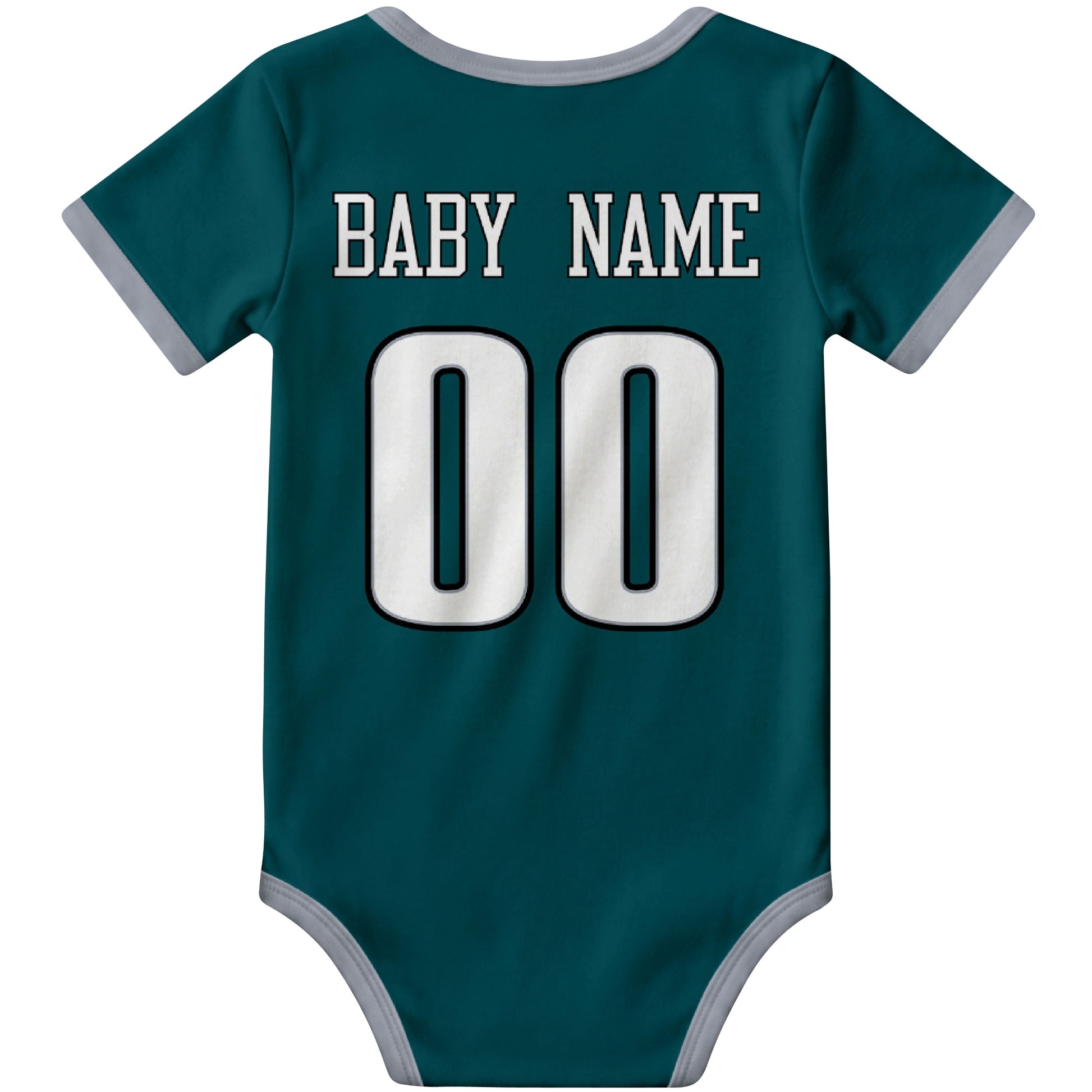 Philadelphia Midnight Green personalized football baby bodysuit back view with custom baby name and jersey number