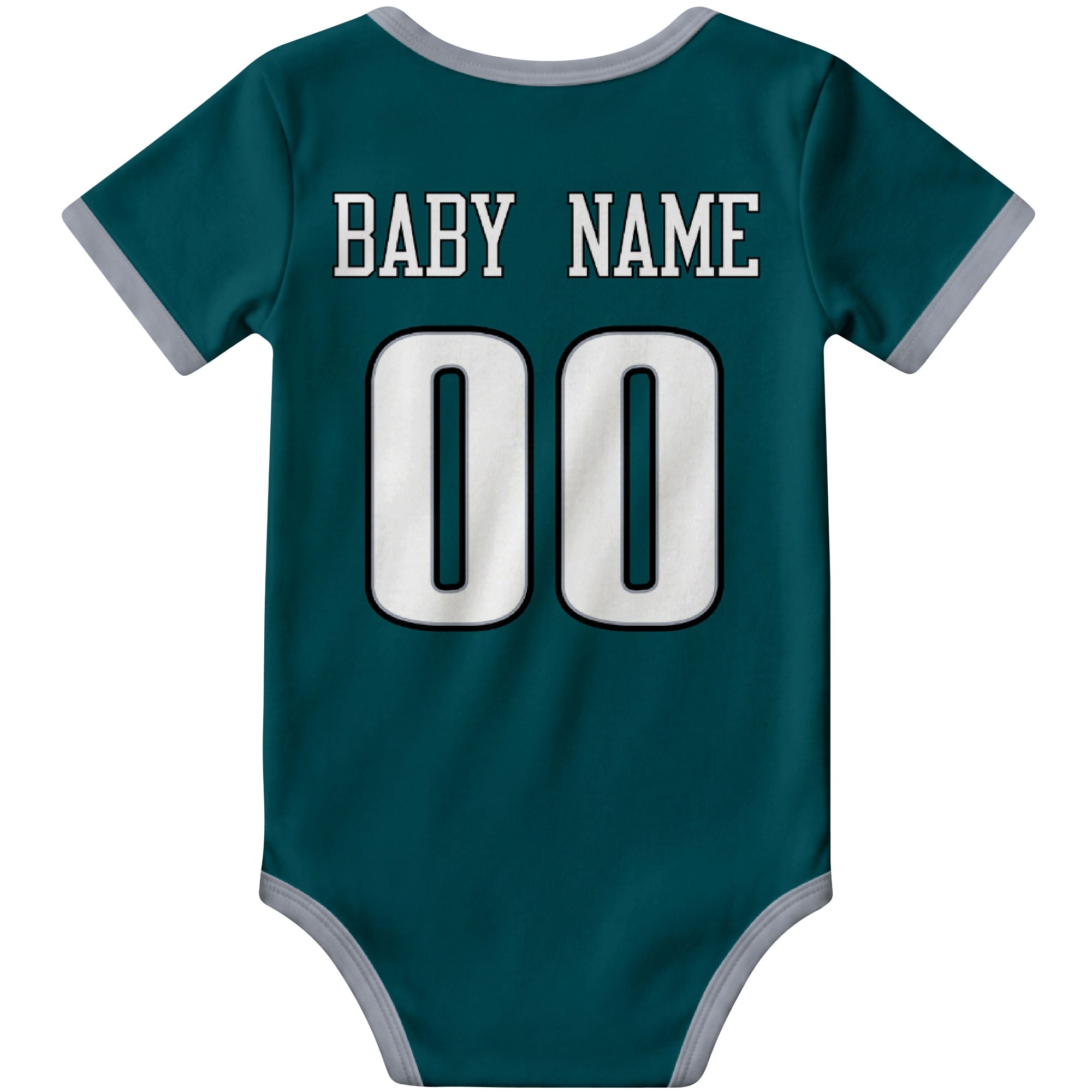 Philadelphia Midnight Green personalized football baby bodysuit back view with custom baby name and jersey number