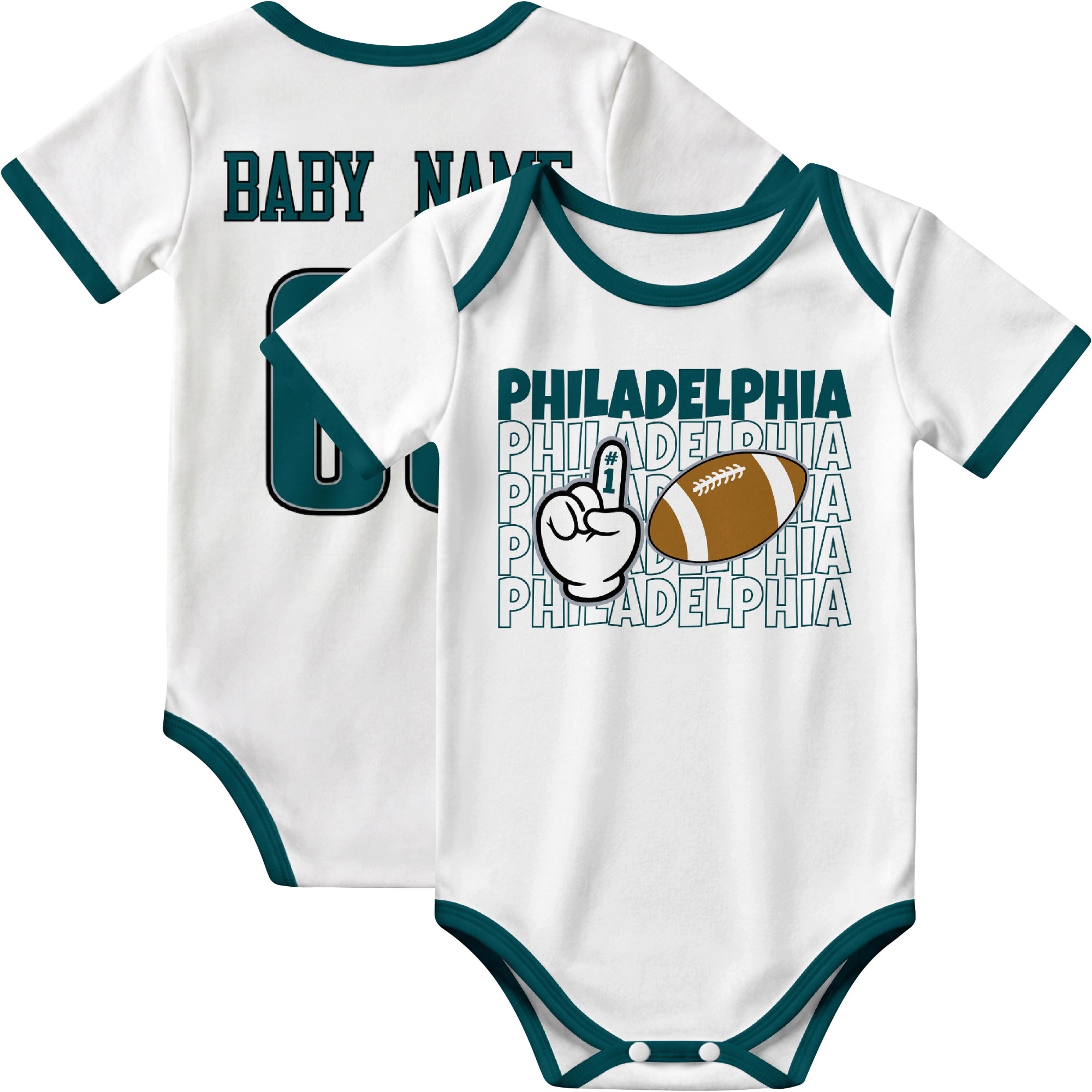 Philadelphia personalized football baby bodysuit in White showing front number one fan design and back custom baby name and number