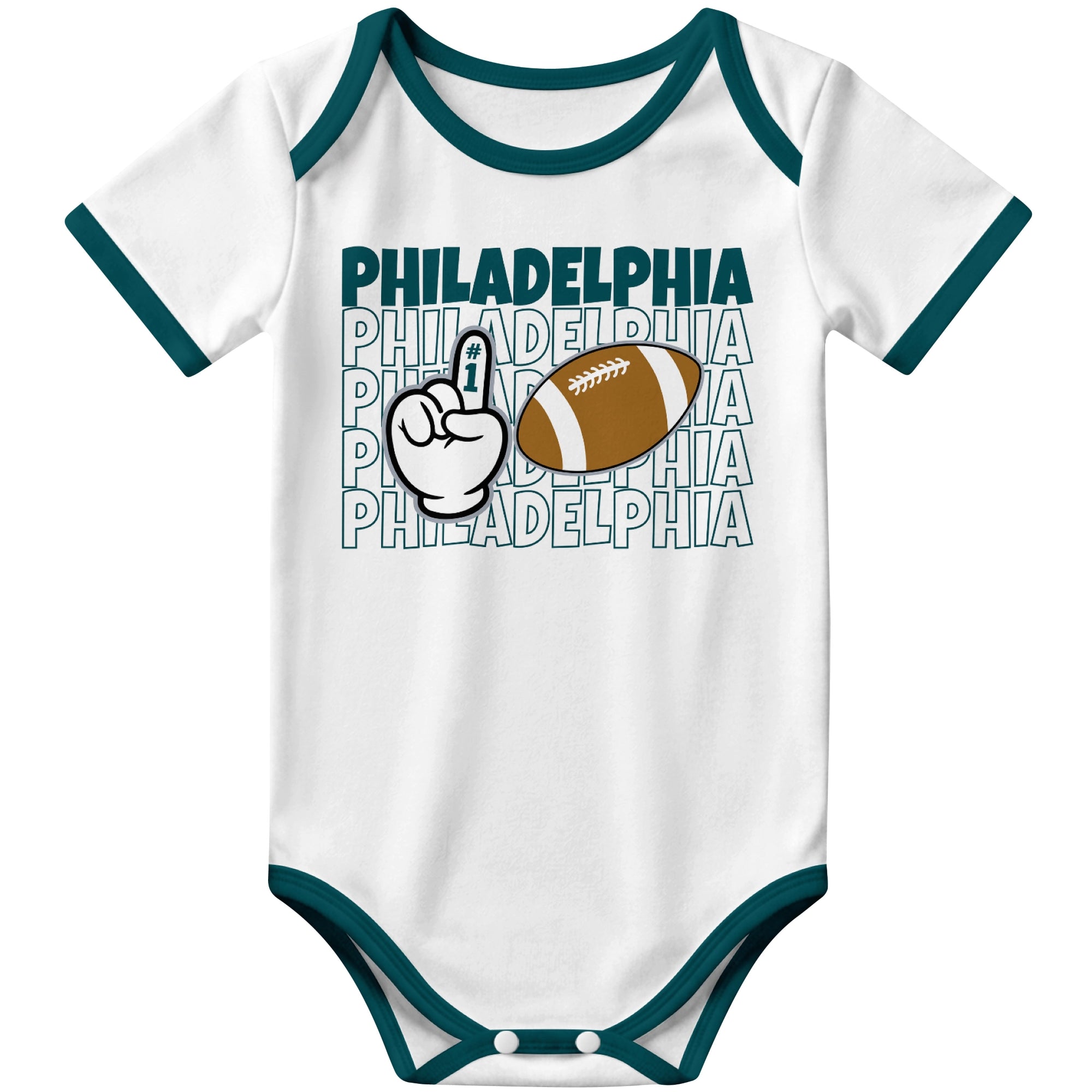 Philadelphia White football baby bodysuit front view with city lettering football and number one fan hand graphic