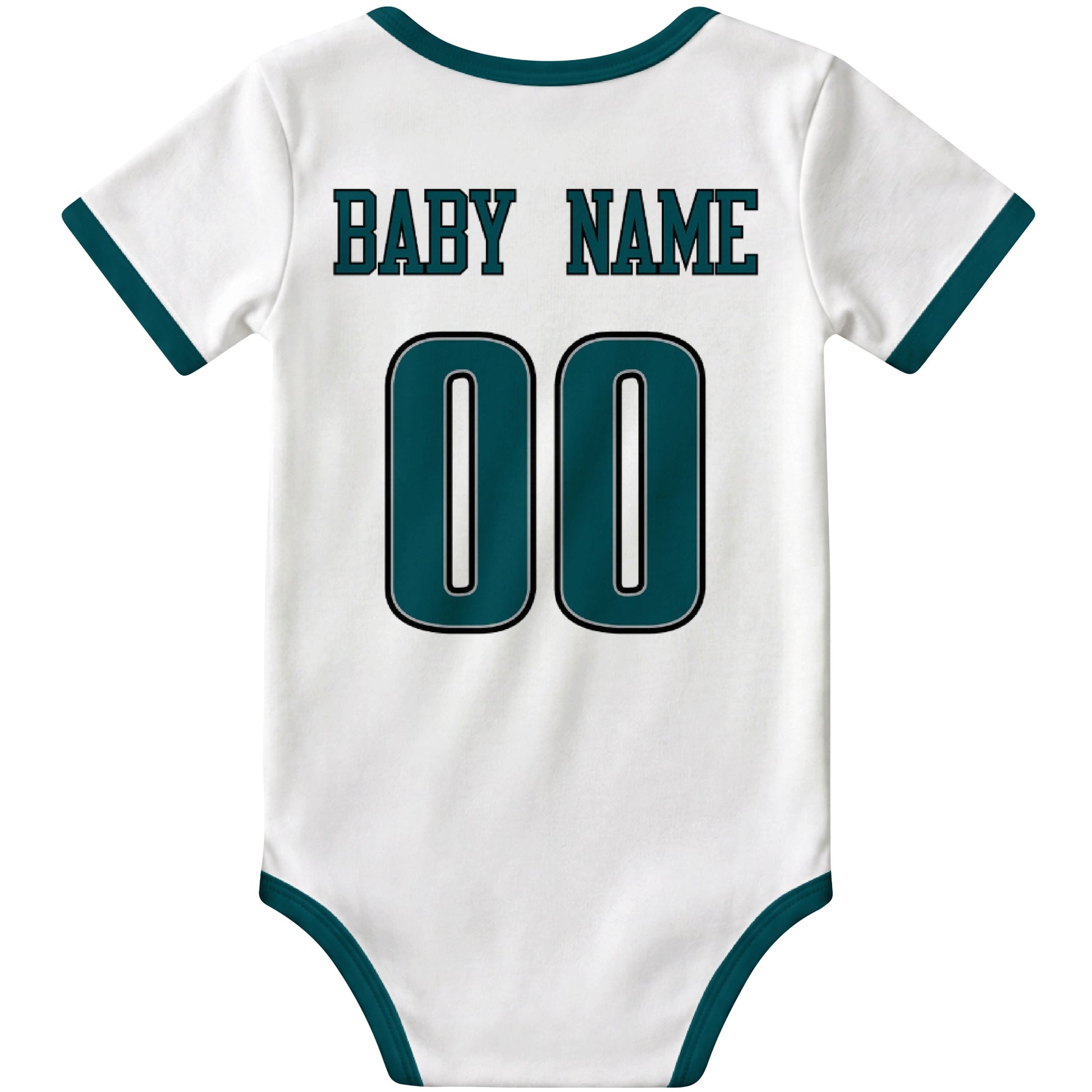 Philadelphia White personalized football baby bodysuit back view with custom baby name and jersey number