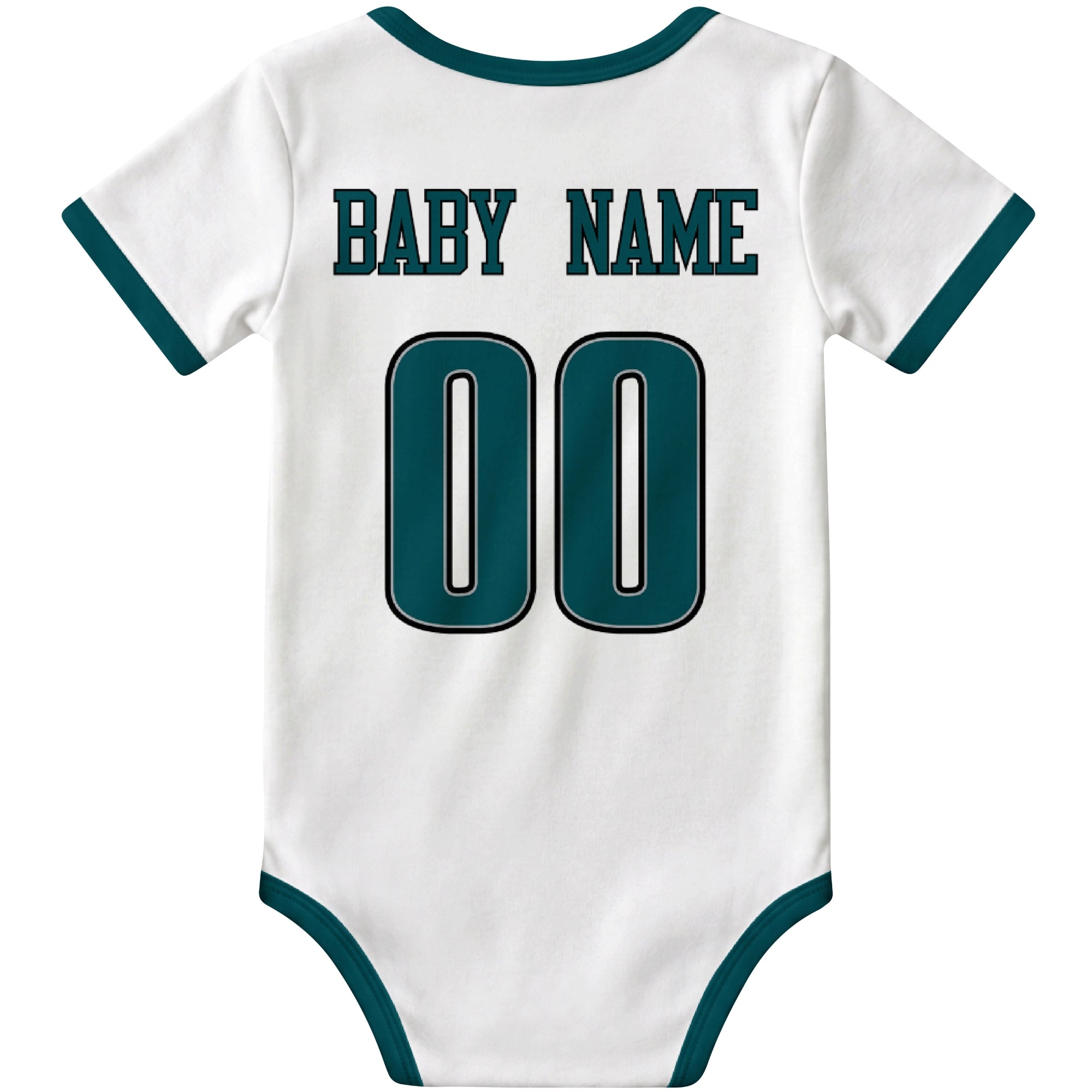 Philadelphia White personalized football baby bodysuit back view with custom baby name and jersey number