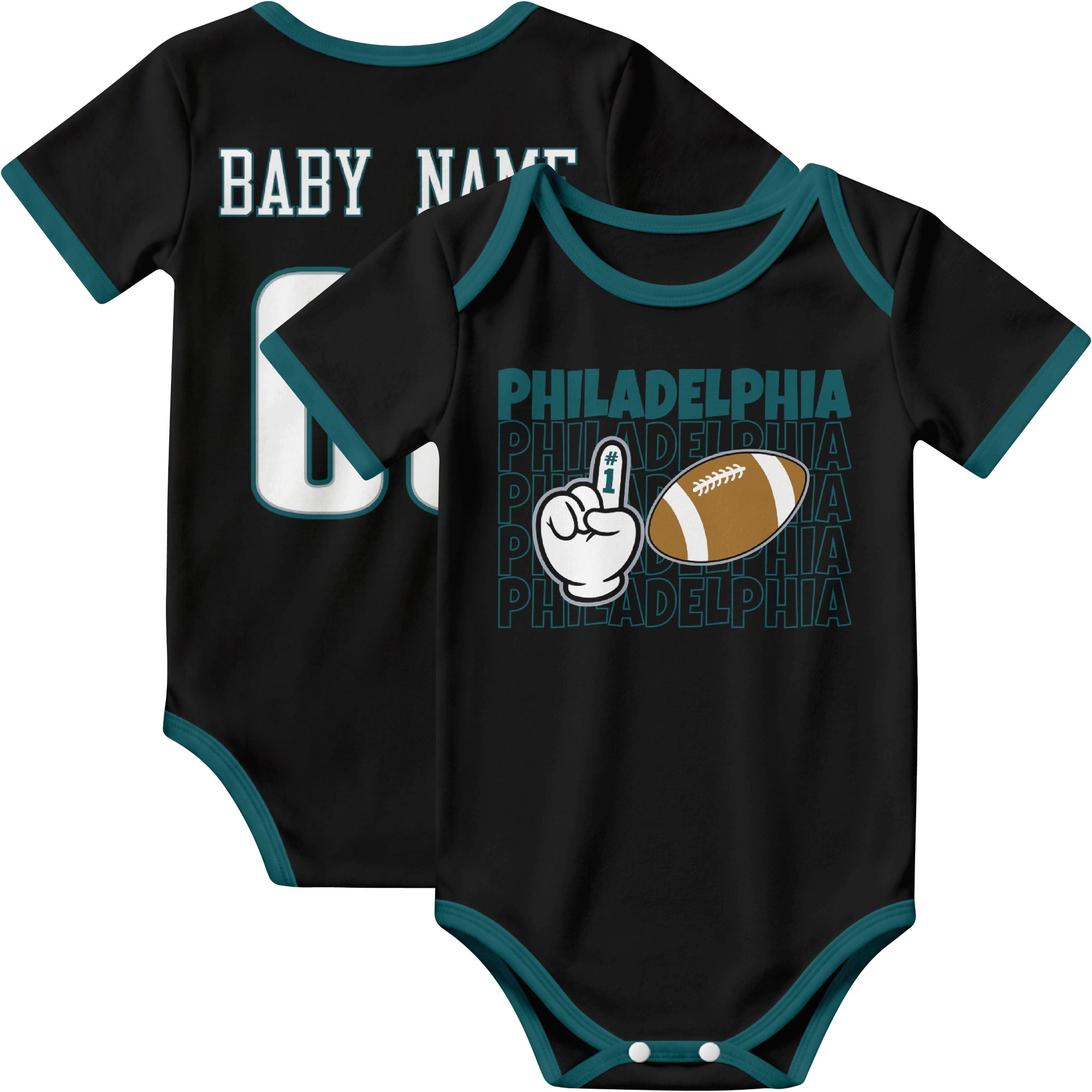Philadelphia personalized football baby bodysuit in Black showing front number one fan design and back custom baby name and number