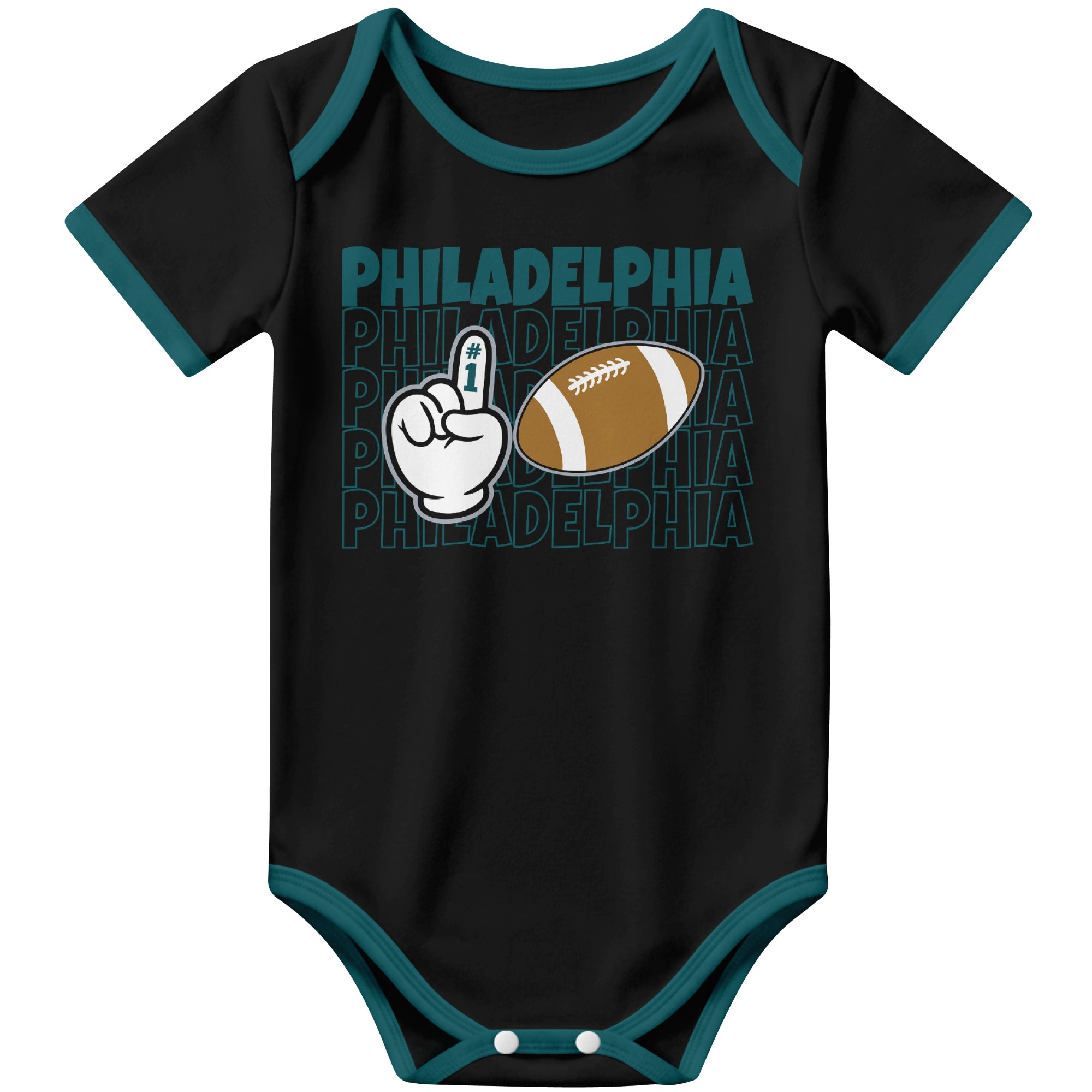 Philadelphia Black football baby bodysuit front view with city lettering football and number one fan hand graphic