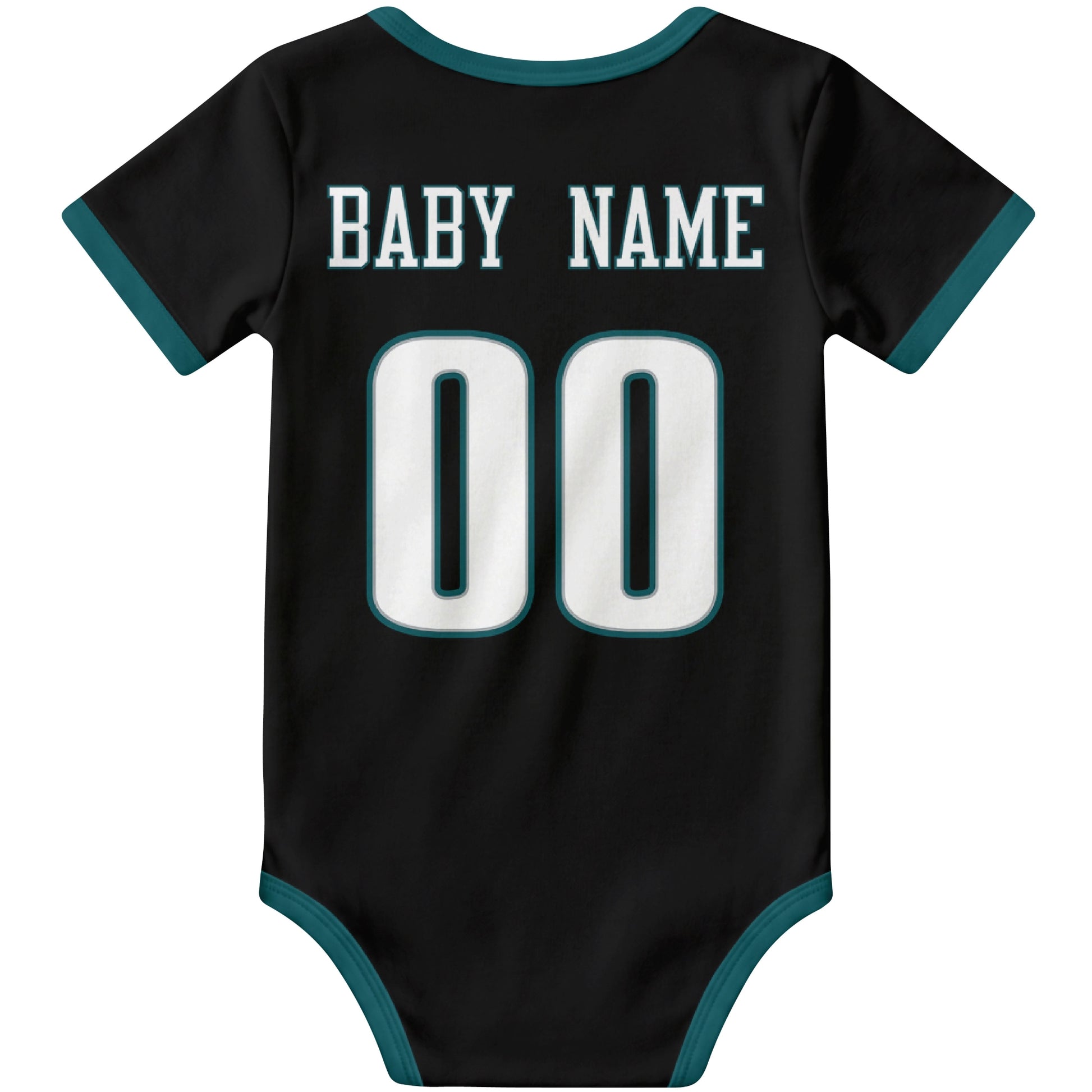 Philadelphia Black personalized football baby bodysuit back view with custom baby name and jersey number