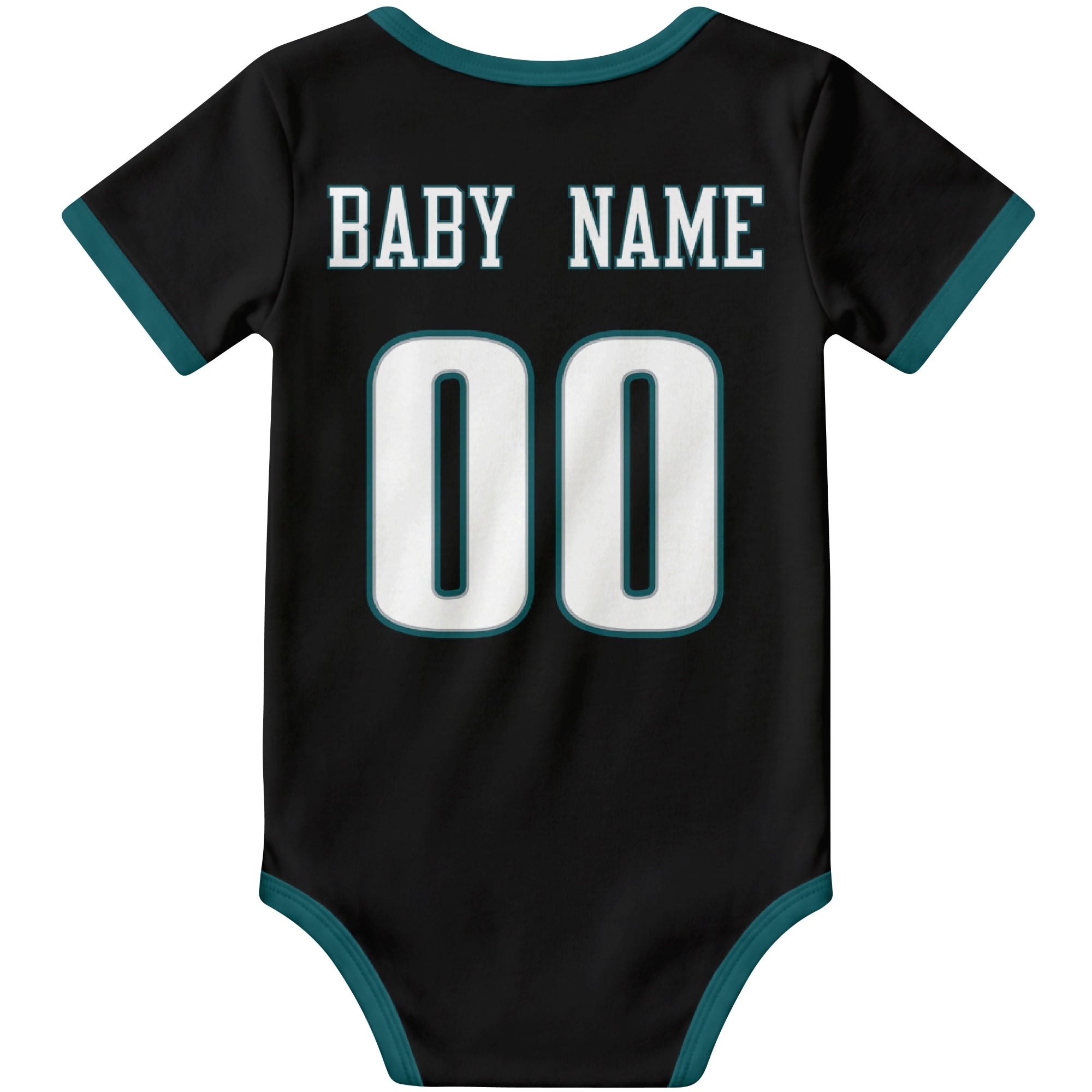 Philadelphia Black personalized football baby bodysuit back view with custom baby name and jersey number