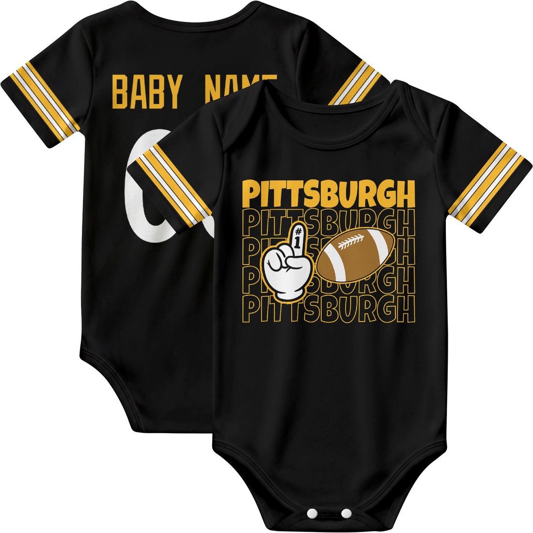Pittsburgh personalized football baby bodysuit in Black showing front number one fan design and back custom baby name and number