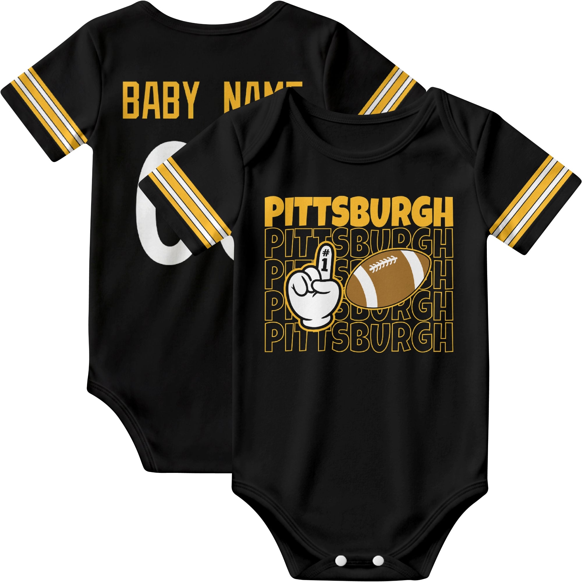 Pittsburgh personalized football baby bodysuit in Black showing front number one fan design and back custom baby name and number