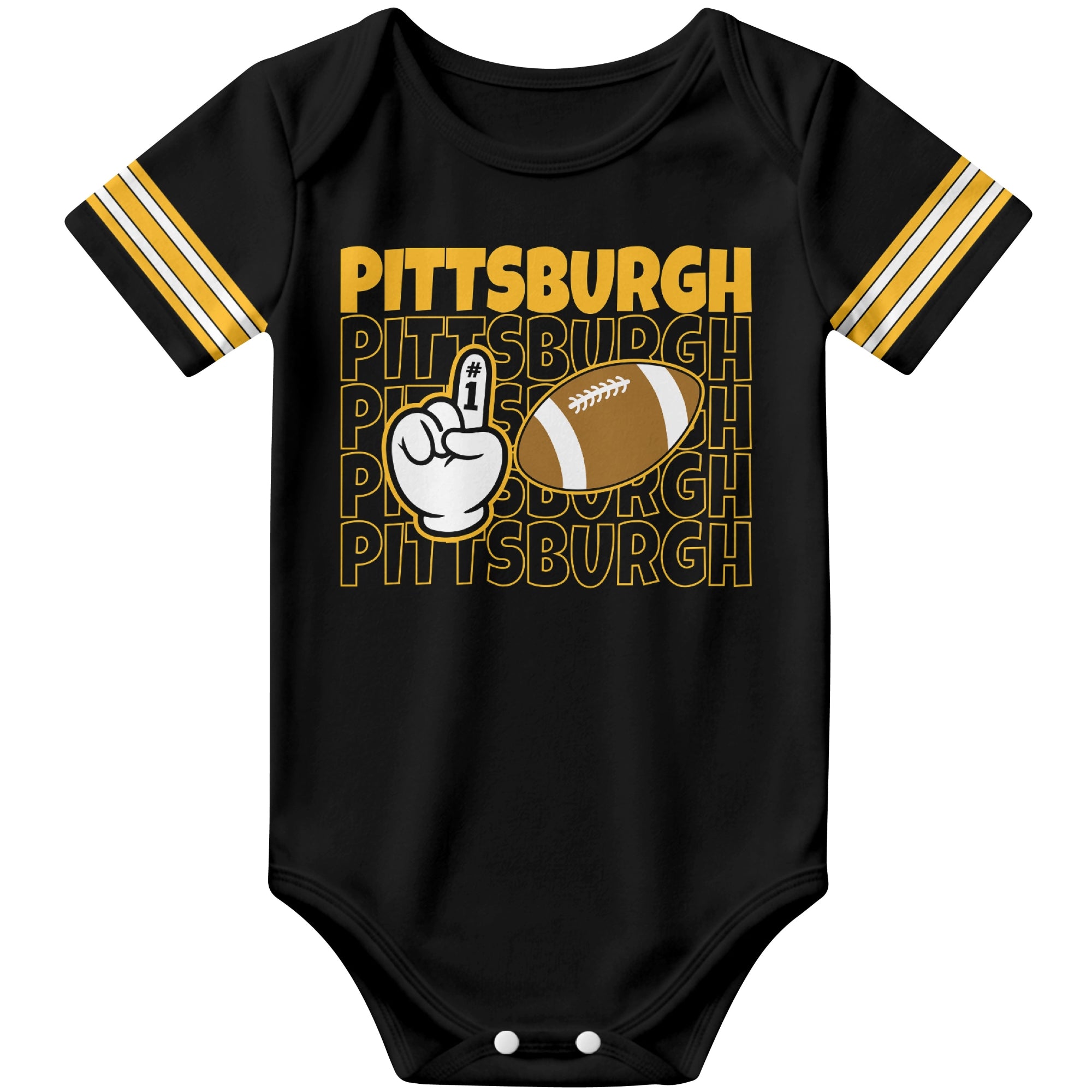 Pittsburgh Black football baby bodysuit front view with city lettering football and number one fan hand graphic