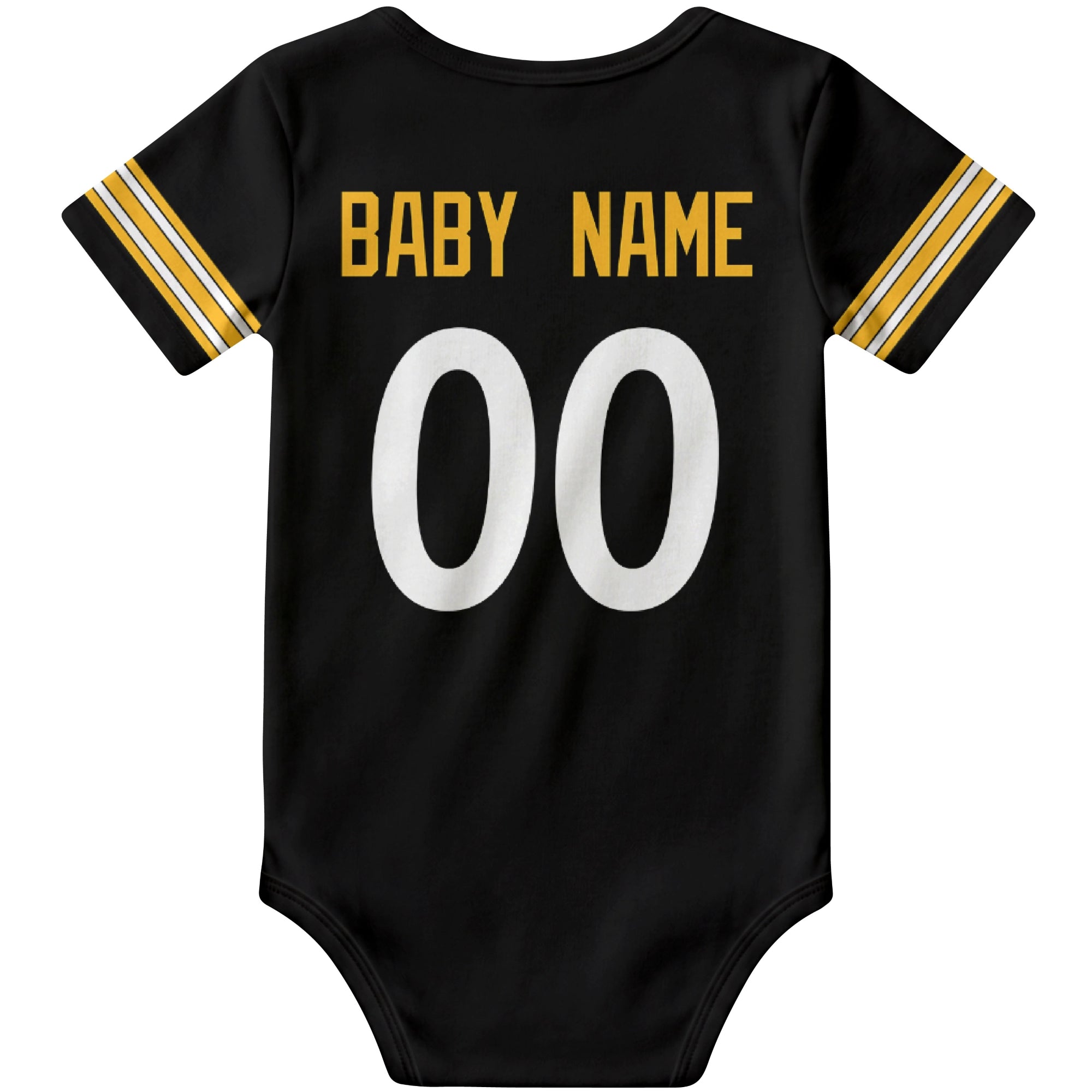Pittsburgh Black personalized football baby bodysuit back view with custom baby name and jersey number