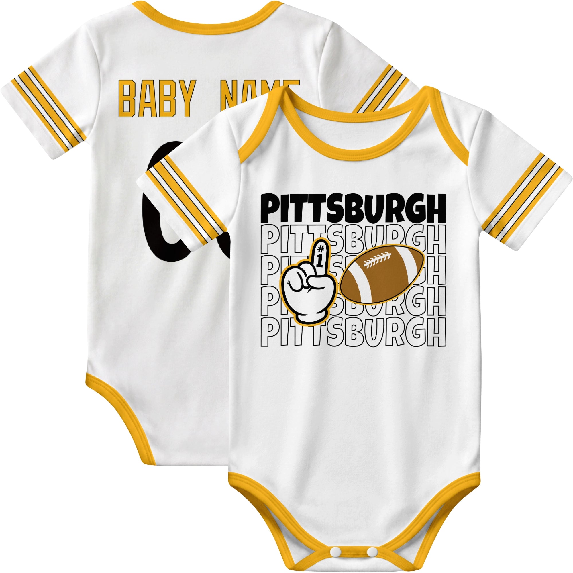 Pittsburgh personalized football baby bodysuit in White showing front number one fan design and back custom baby name and number