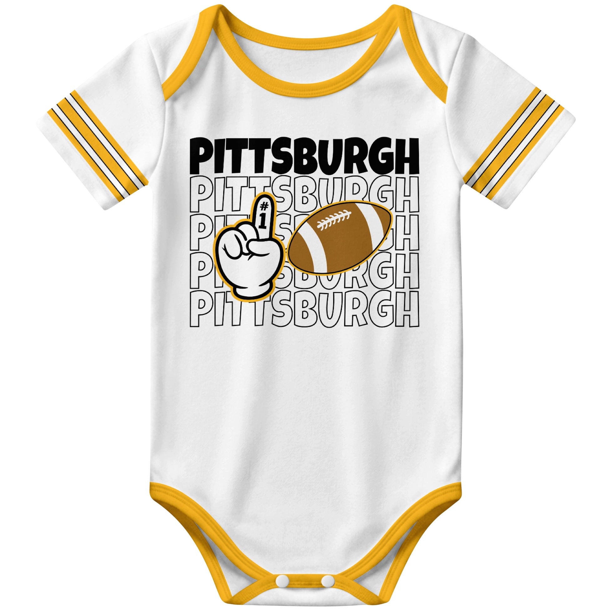 Pittsburgh White football baby bodysuit front view with city lettering football and number one fan hand graphic