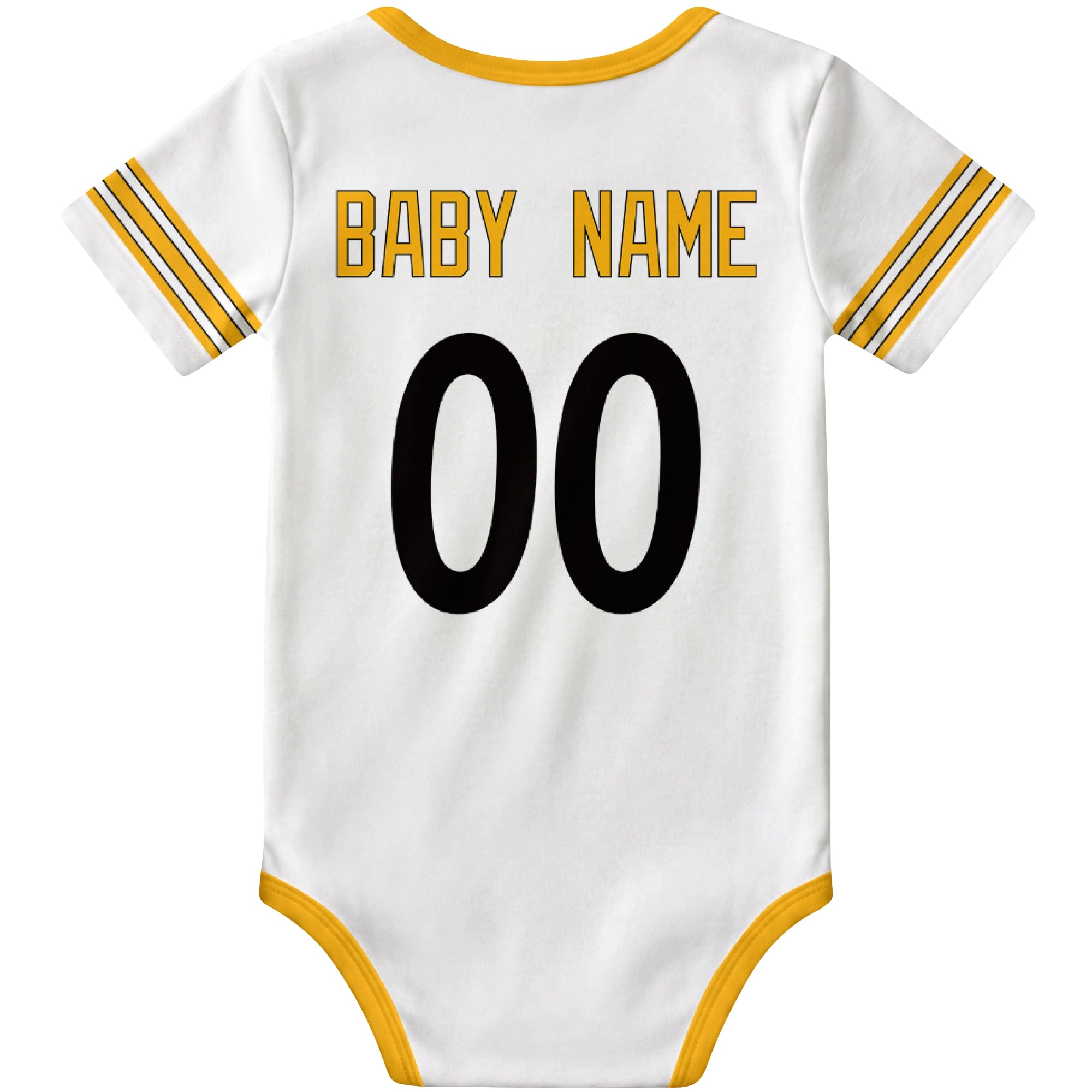 Pittsburgh White personalized football baby bodysuit back view with custom baby name and jersey number
