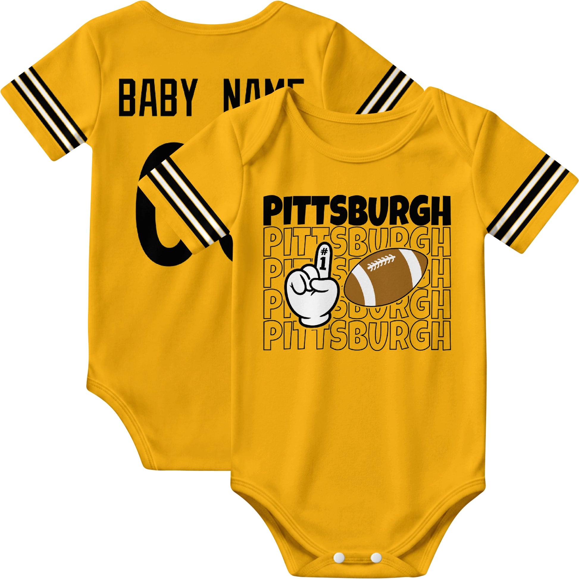 Pittsburgh personalized football baby bodysuit in Gold showing front number one fan design and back custom baby name and number