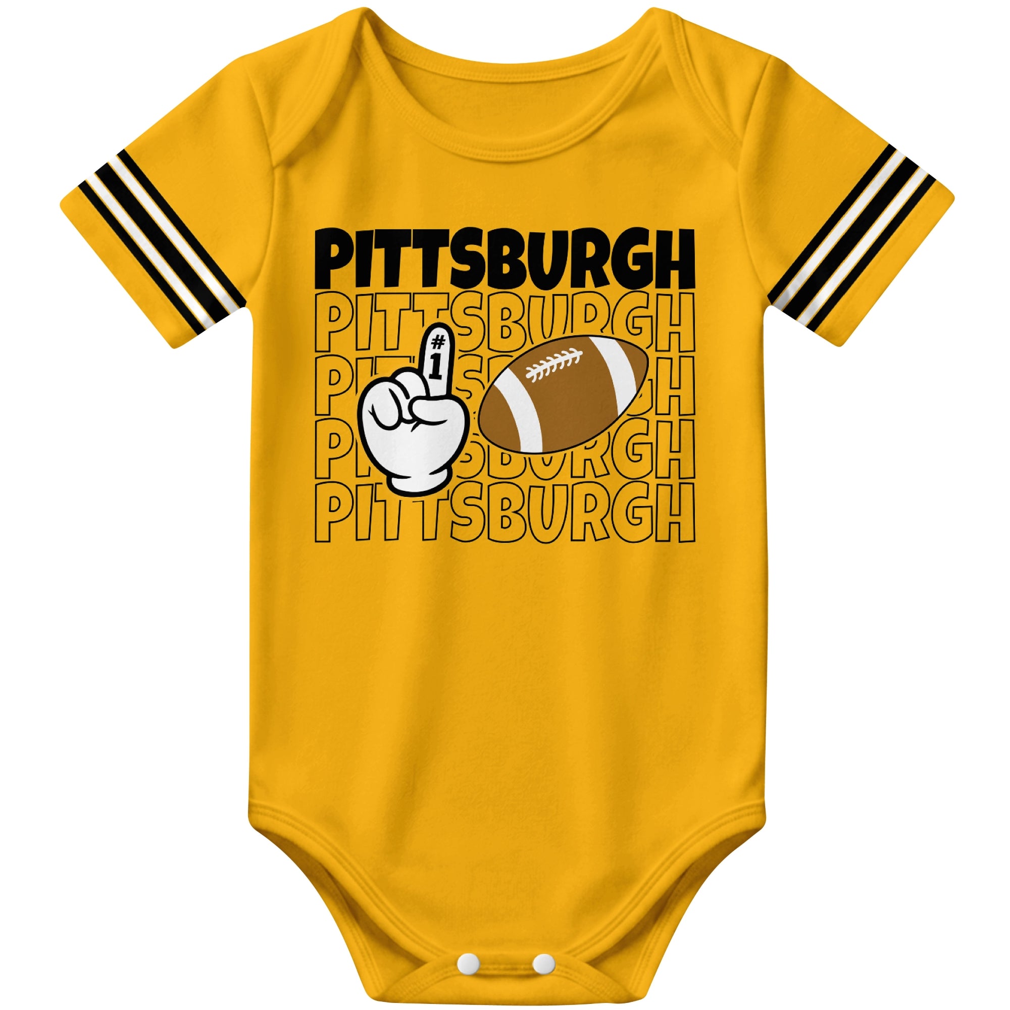 Pittsburgh Gold football baby bodysuit front view with city lettering football and number one fan hand graphic
