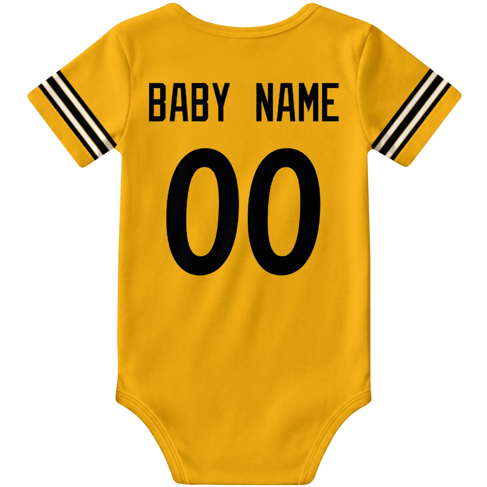 Pittsburgh Gold personalized football baby bodysuit back view with custom baby name and jersey number
